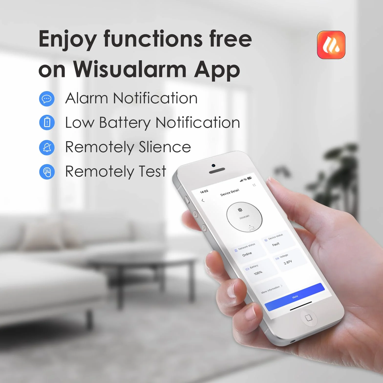 Czujnik dymu Wi-Fi Wisualarm, inteligentny czujnik dymu do domu z wymienną baterią, kompatybilny z aplikacją Wisualarm, czujnik dymu Wi-Fi z certyfikatem TÜV, zgodny z normą EN 14604 (1 sztuka)