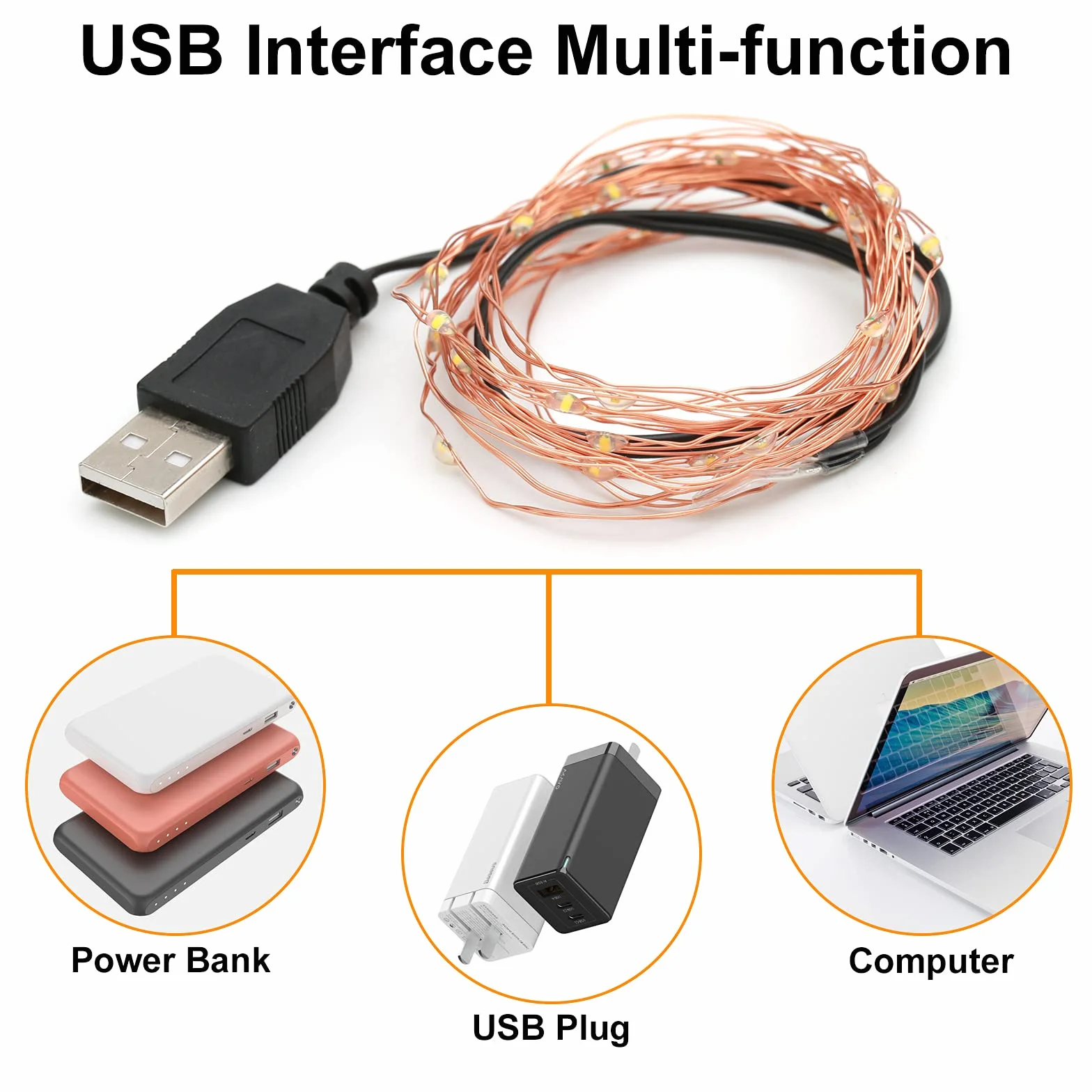 Yizhet Łańcuch świetlny LED 5m 50 Led micro USB drut miedziany ciepła biel