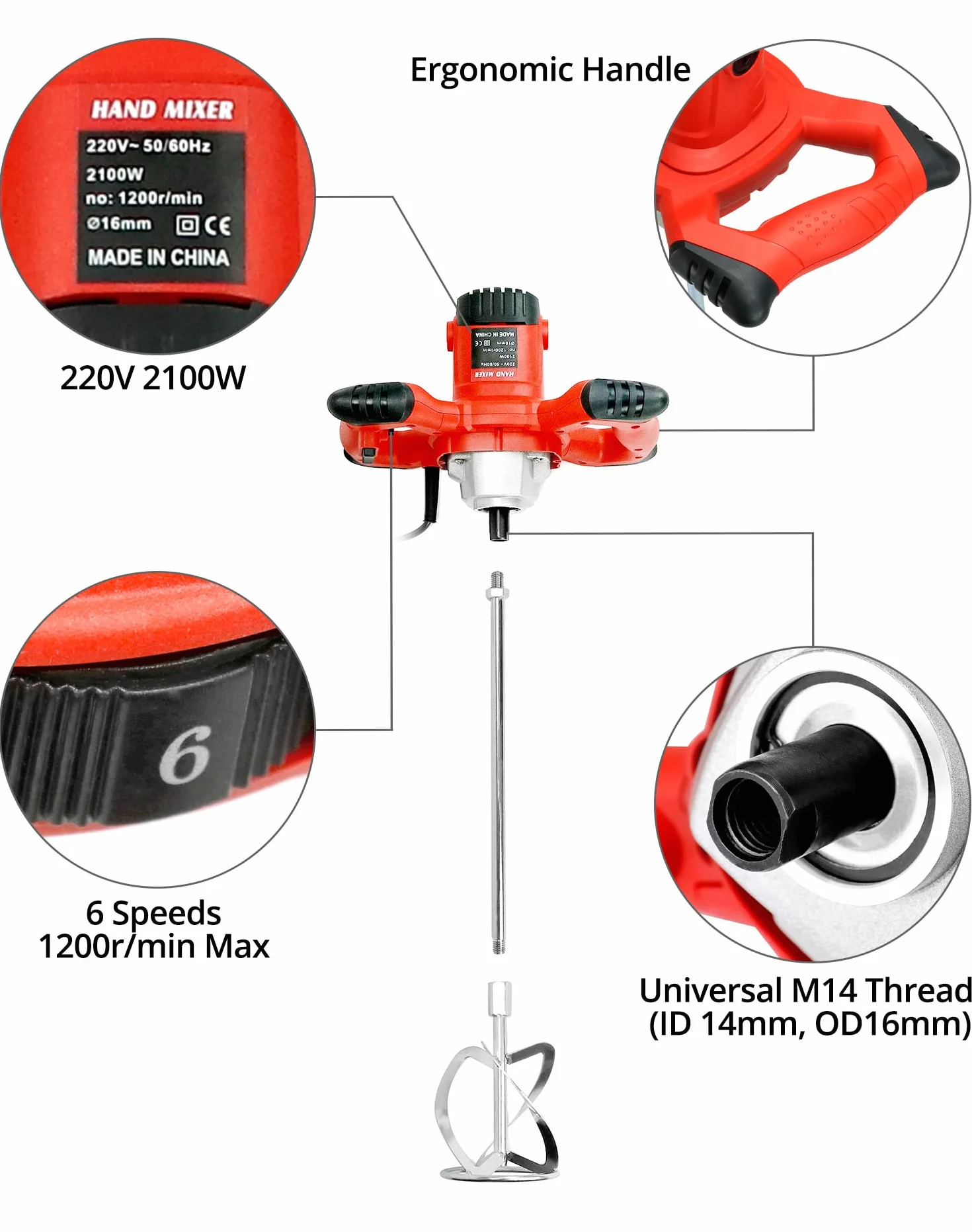 QWORK Mieszadło do zapraw 220V 1400W 930r/min 6 biegów gwint M14