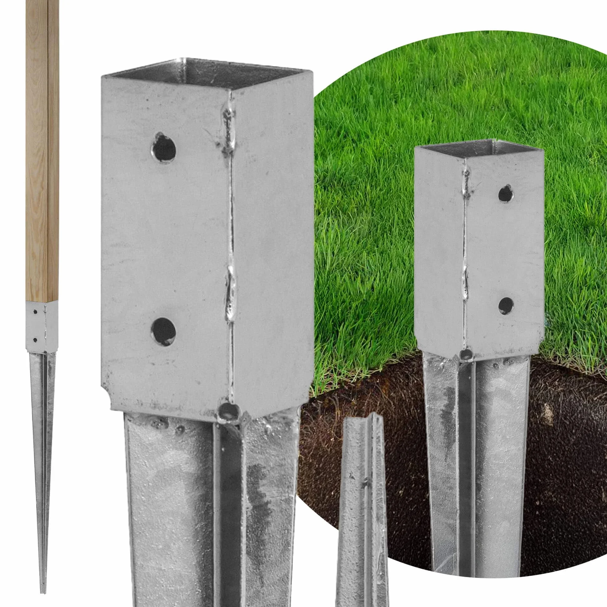 ADGO Podstawa Słupa Kwadratowa Wbijana Wspornik Kotwa 70 x 70 x 750 mm, Blacha Metalowa Ocynkowana Srebrna Antykorozyjna, 1 sztuka