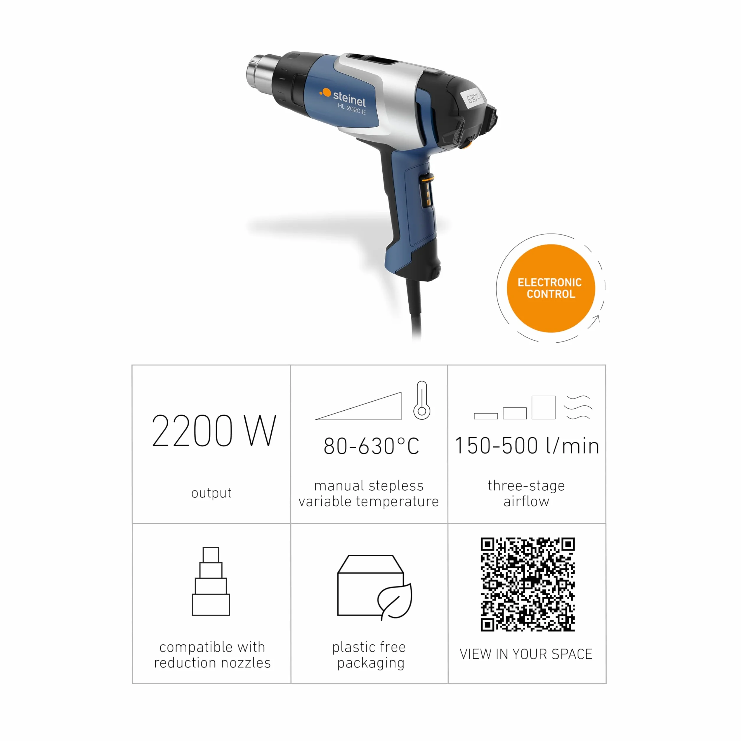 Steinel Pistolet na gorące powietrze HL 2020 E, opalarka 2200 W, 80-630°C