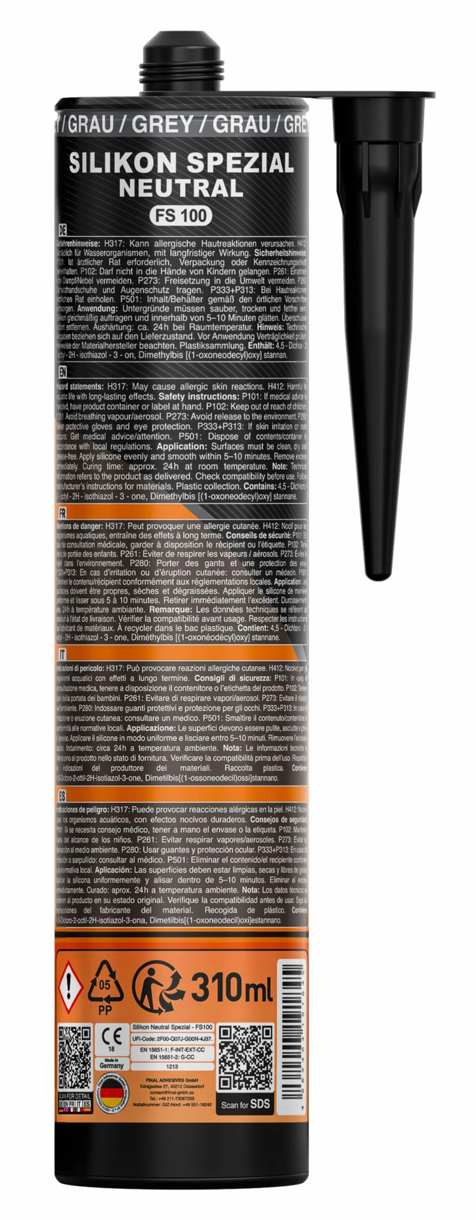 Silikonowy szary 300 ml mocno przylegający do wewnątrz i na zewnątrz