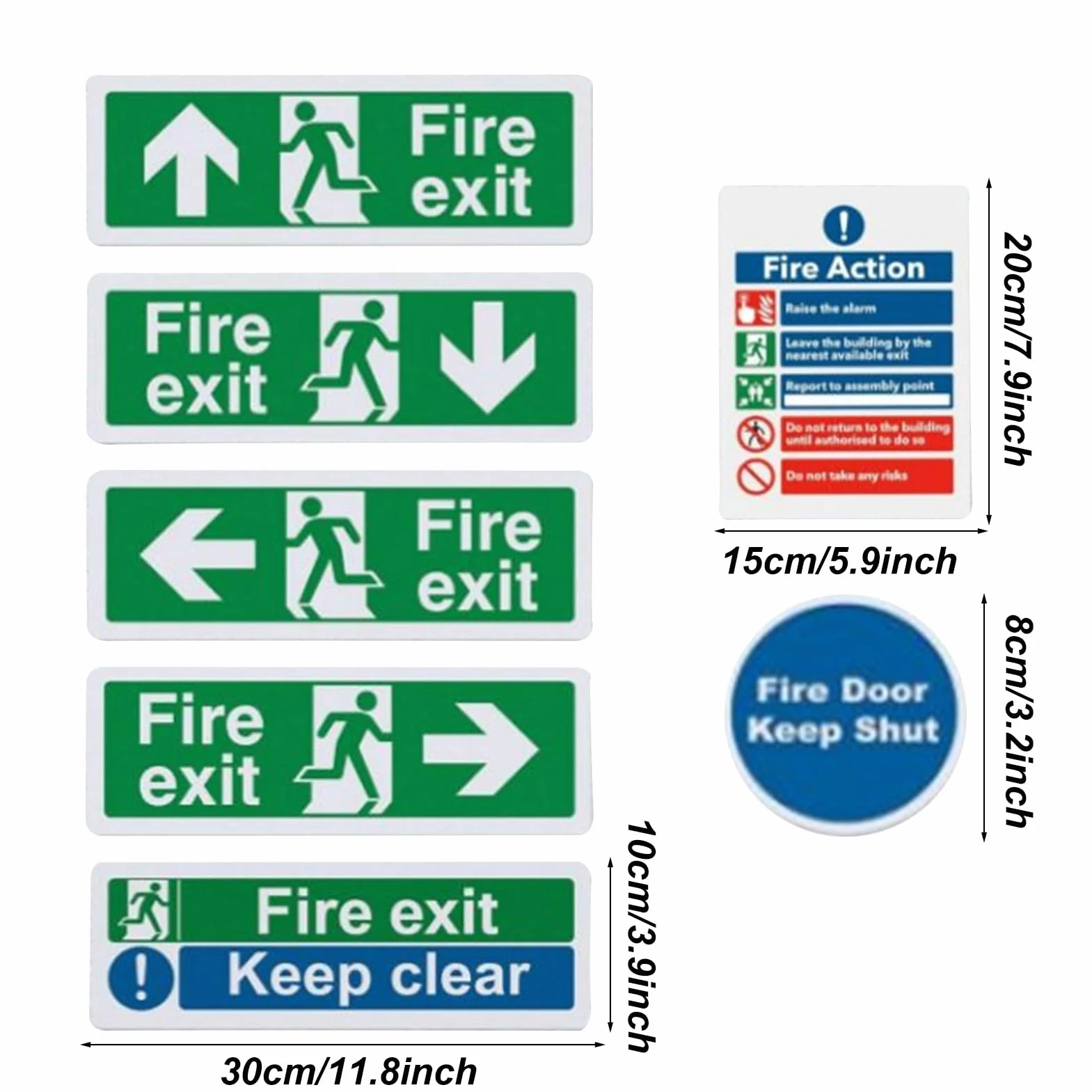 Znak Fire Exit, zestaw naklejek samoprzylepnych, 21 x duża czcionka, człowiek biegnący prawo, znaki bezpieczeństwa