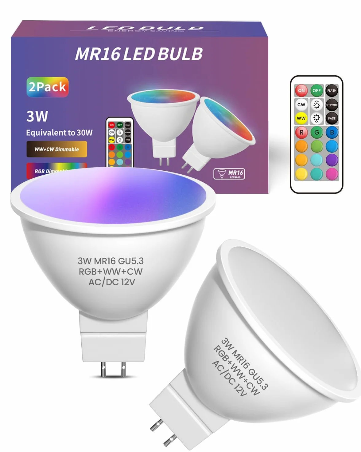 MR16 GU5.3 RGB żarówka zmieniająca kolor z pilotem 12V 2 sztuki ciepła biel zimna biel