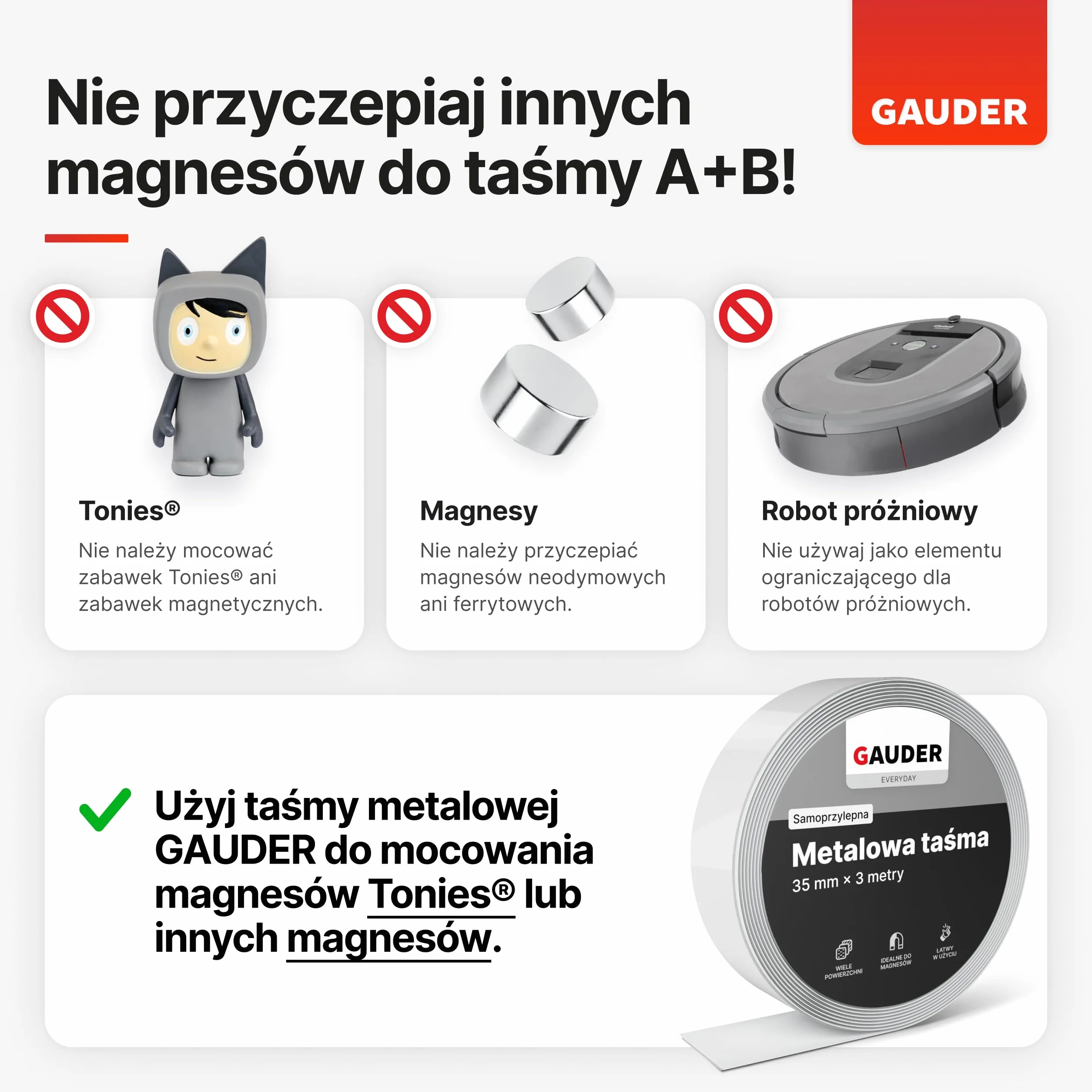 GAUDER Taśma Magnetyczna Samoprzylepna Mocna 3 m x 15 mm