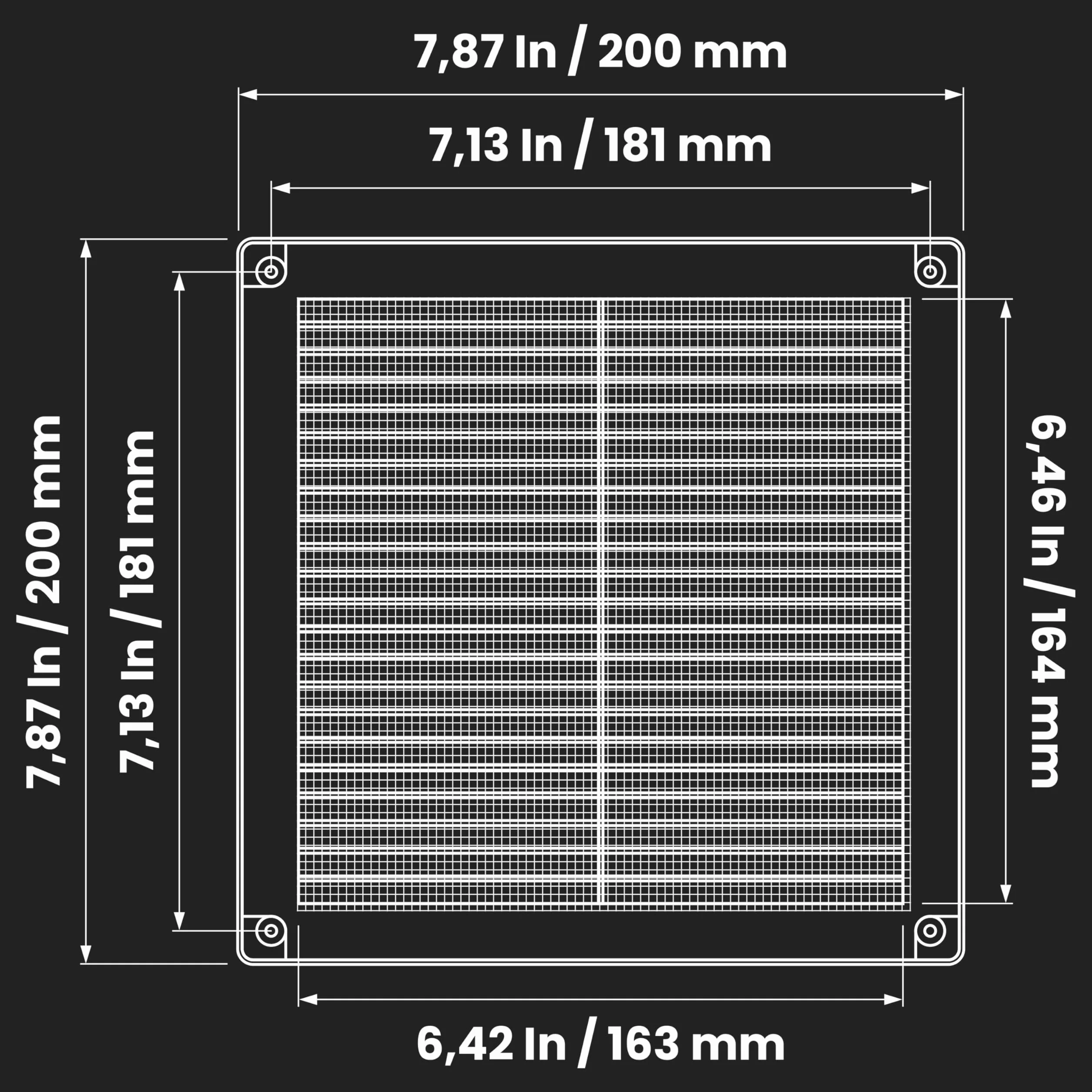 Awenta Plastikowa osłona kratki wentylacyjnej 200x200mm 8x8 cala, czarna z siatką przeciw owadom i muchom, osłony otworów na śruby dla lepszego wyglądu