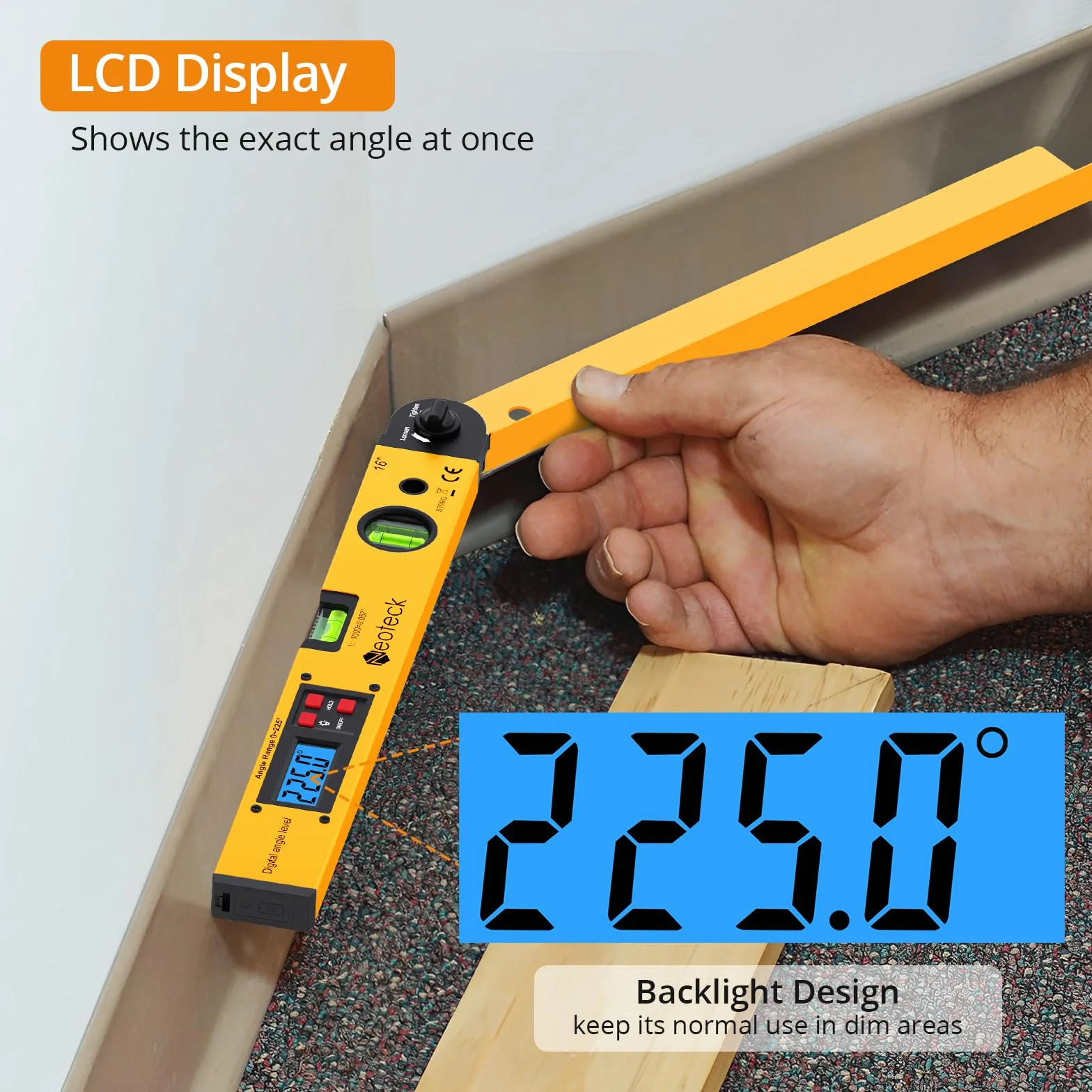 Neoteck Cyfrowy kątomierz 400 mm LCD 0-225° z poziomicą, złoty