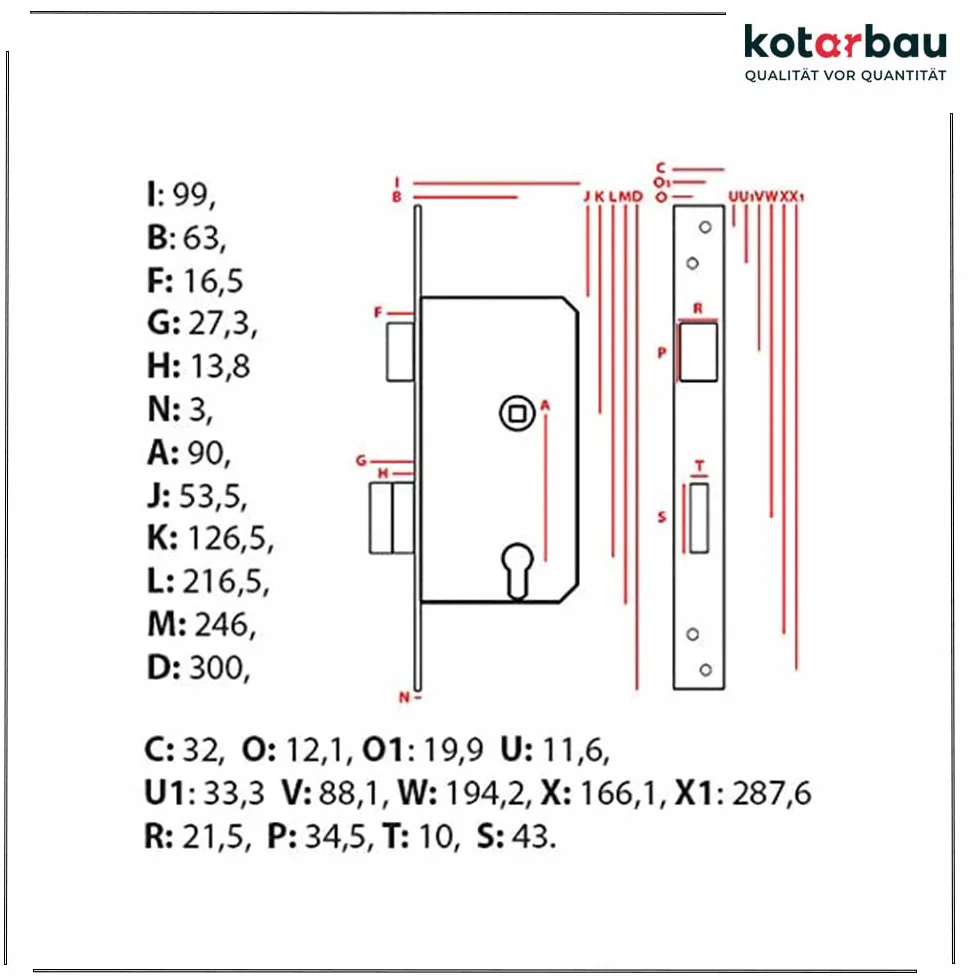 KOTARBAU® Zamek wpuszczany 90 x 63 mm z prawej strony z kluczem BB do bram drzwi