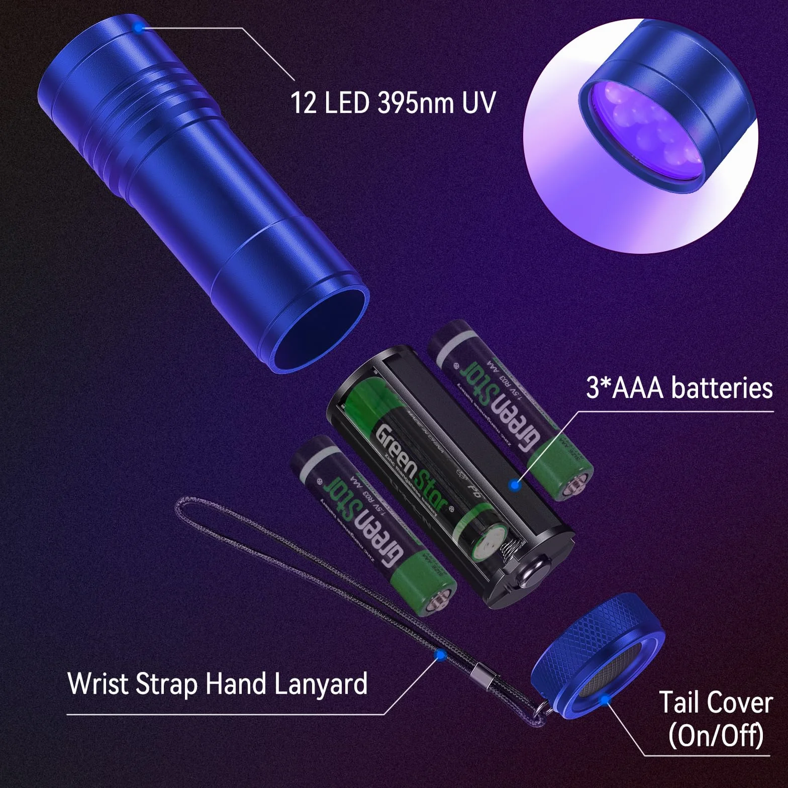 kizplays Latarka UV, 2 sztuki, mini latarka UV z 12 diodami LED, światło ultrafioletowe 395 nm do geocachingu, detektorów moczu zwierząt domowych, detektor moczu zwierząt domowych itd. (niebieska)