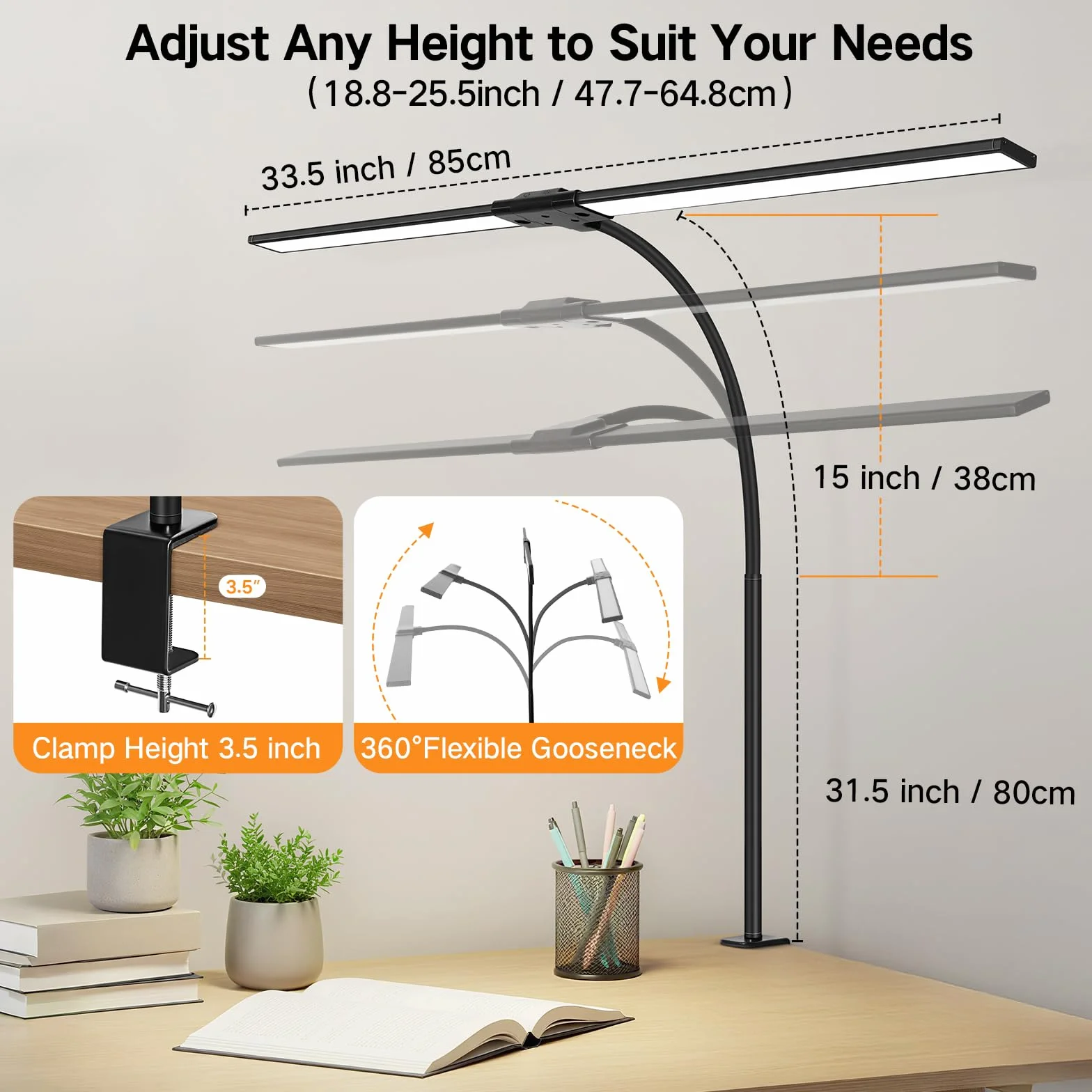 OUTON 85,5 cm Podwójna Głowica LED Lampa Biurkowa 24W Dotykowe Sterowanie Ochrona Oczu Czarna