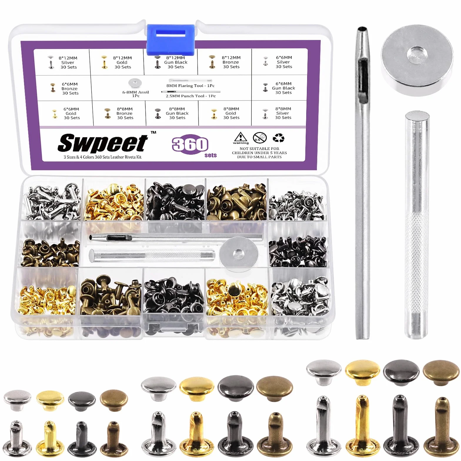 Swpeet 360 szt. skórzane nity podwójne 6 mm 8 mm 12 mm zestaw z narzędziem do mocowania