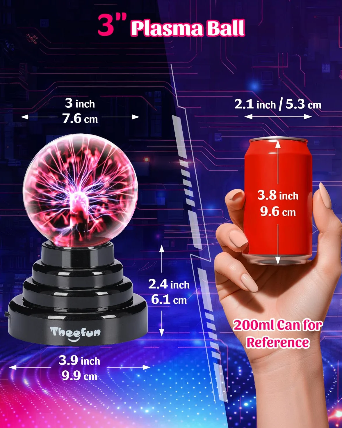 Theefun Kula plazmowa 7,5 cm, lampa plazmowa USB/bateria, wrażliwa na dotyk, efekt błyskowy, zabawka dekoracja dla dzieci