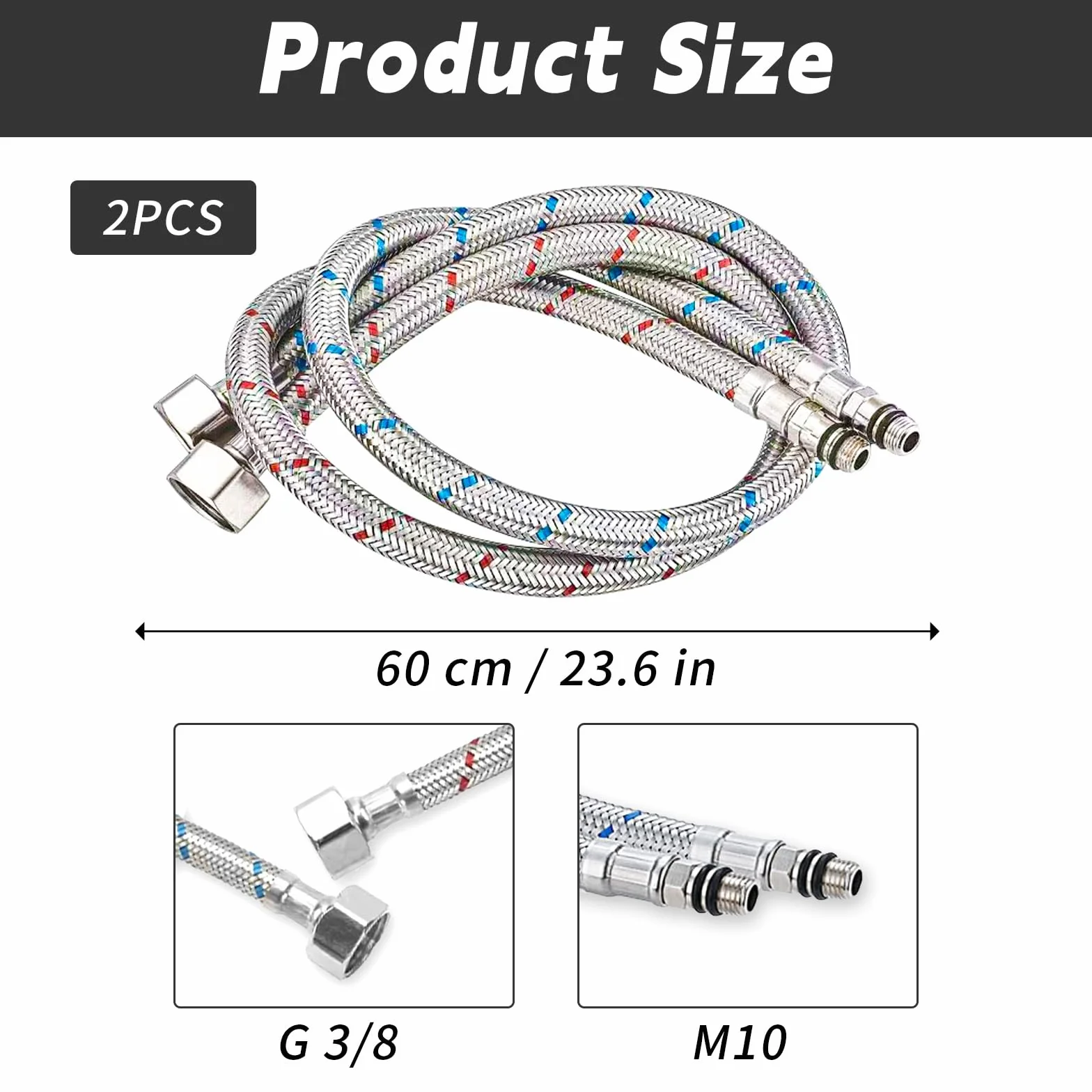 Wąż do kranu stal nierdzewna pancerny 3/8 cala G3/8 x M10 elastyczny 60 cm 2 sztuki