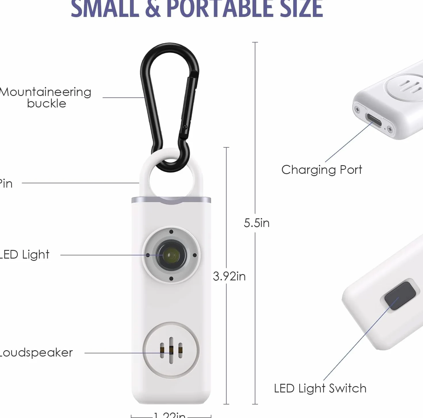 Kieszonkowy Alarm 130 dB, Możliwość Ponownego Ładowania, Osobisty Alarm z Lampą Błyskową LED, Syrena Samoobrony, Breloczek do Kluczy, Awaryjny