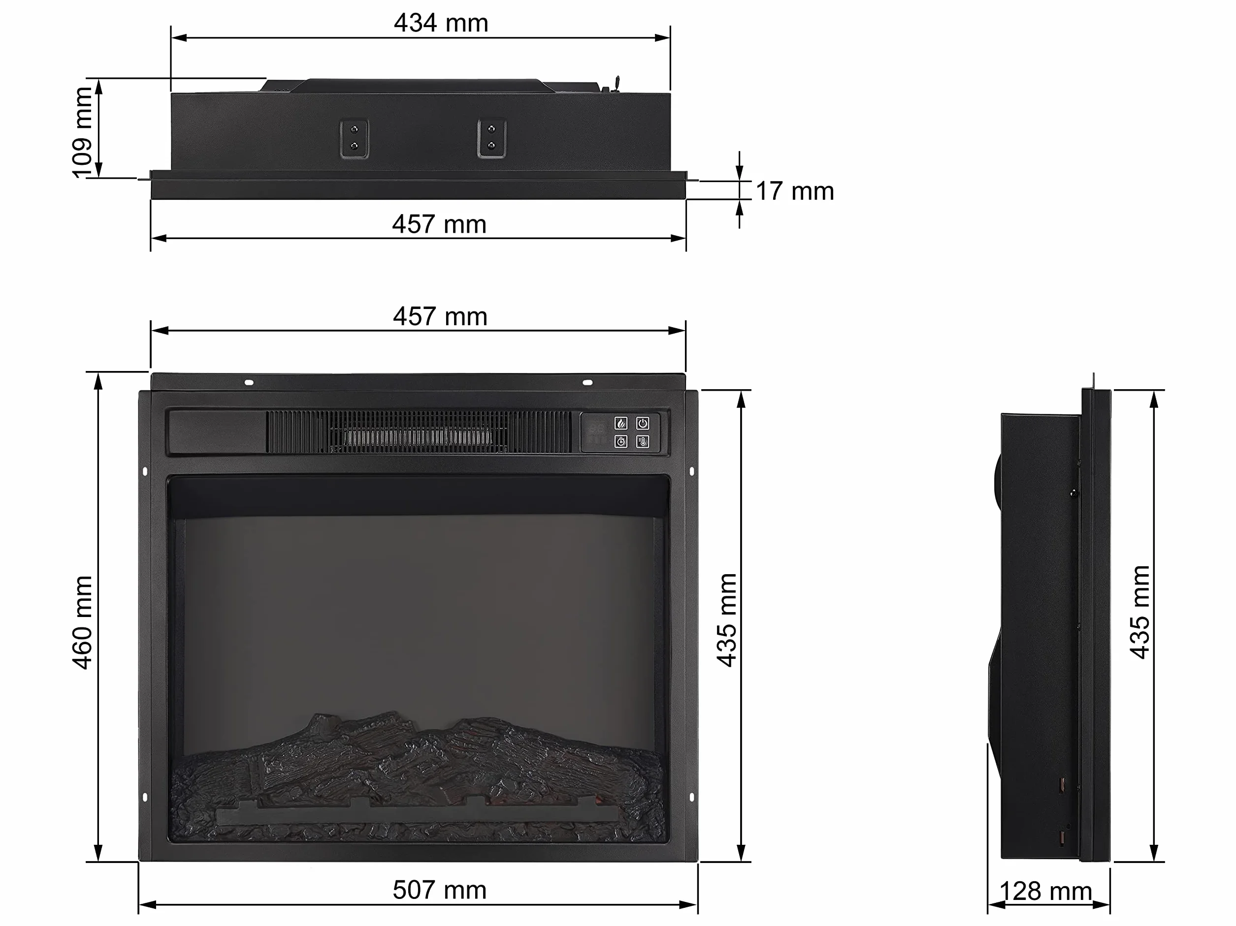 Kominek elektryczny AF18 LED - Wkład do zabudowy, 12 poziomów grzania max 1800 W, tygodniowy timer, iluzja płomienia, 3 poziomy jasności, nowoczesny design, pilot