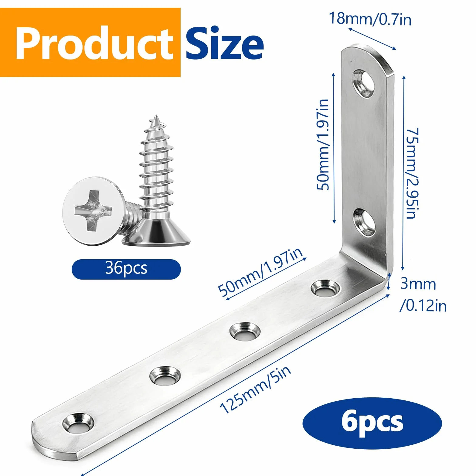 Uchwyt ścienny kątowy L 90° ze stali nierdzewnej 125x75x20 mm, 6 sztuk do regału metalowy z 36 śrubami