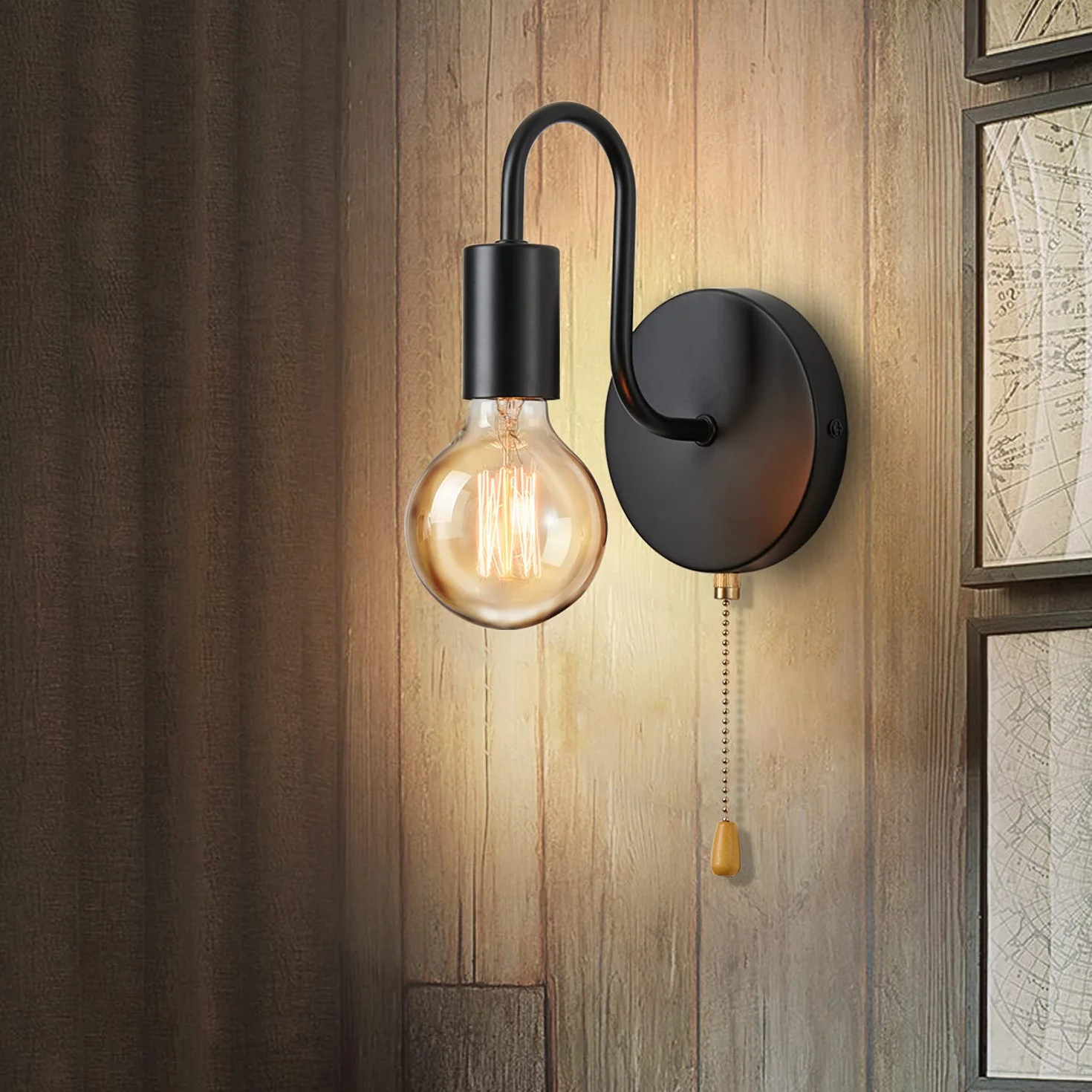 Lightess Lampa ścienna vintage E27 czarna metalowa industrialna retro z przełącznikiem