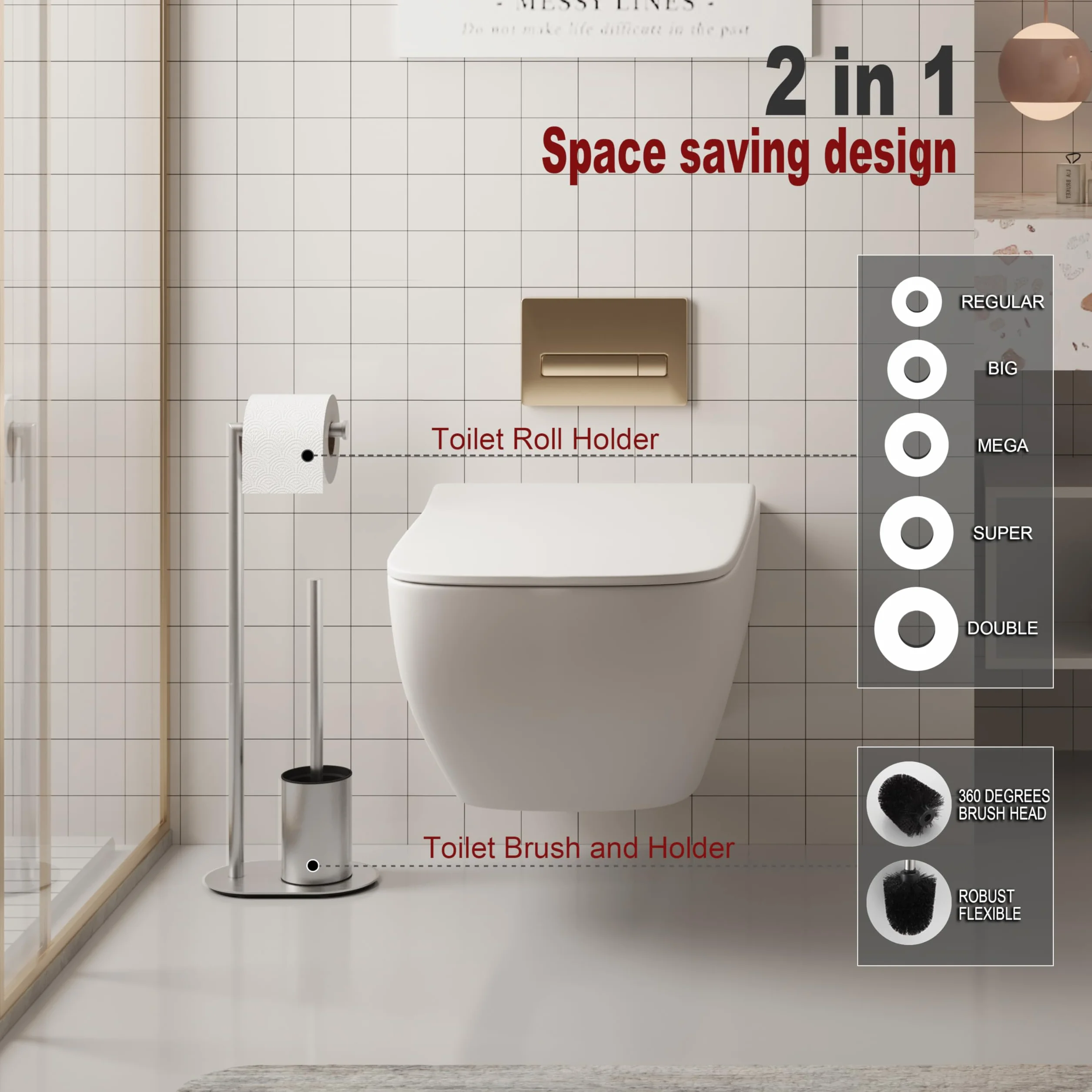BVL uchwyt na walizkę toaletową z szczotką do WC, wolnostojąca szczotka ze szczotką i uchwytem na papier toaletowy