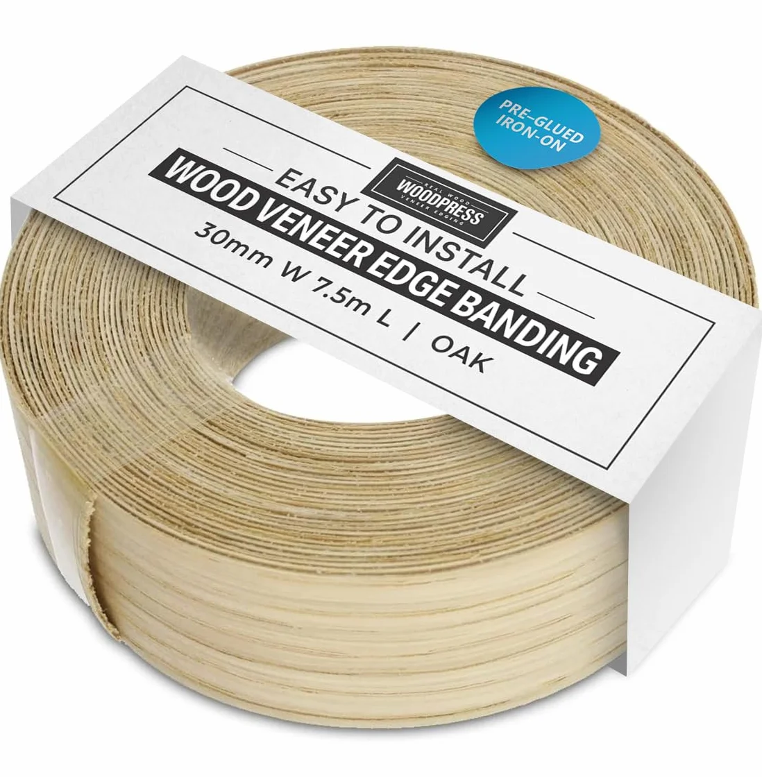 Oak Veneer Edging 30mm 7.5m Roll Pre-Glued Iron-On Real Wood Tape