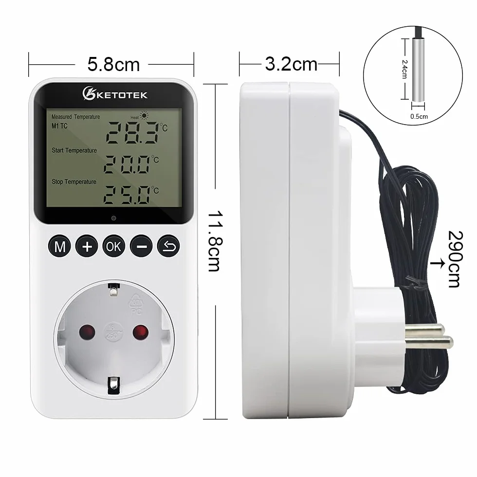 KETOTEK Cyfrowy termostat 100-250 V regulator temperatury z czujnikiem timerem ogrzewanie chłodzenie
