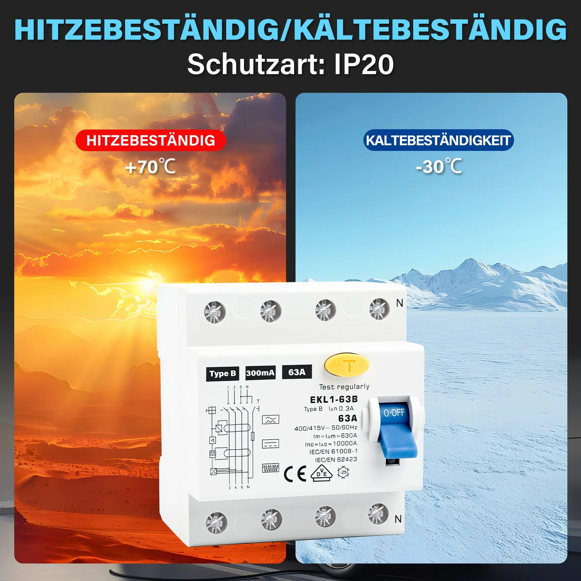 Warmfay FI wyłącznik ochronny typu B 63 A, 300 mA, 4-biegunowy, certyfikat VDE, wyłącznik różnicowoprądowy, RCD przełącznik czuły na wszystkie prądy, automatyczny bezpiecznik do wallboxów, stacji