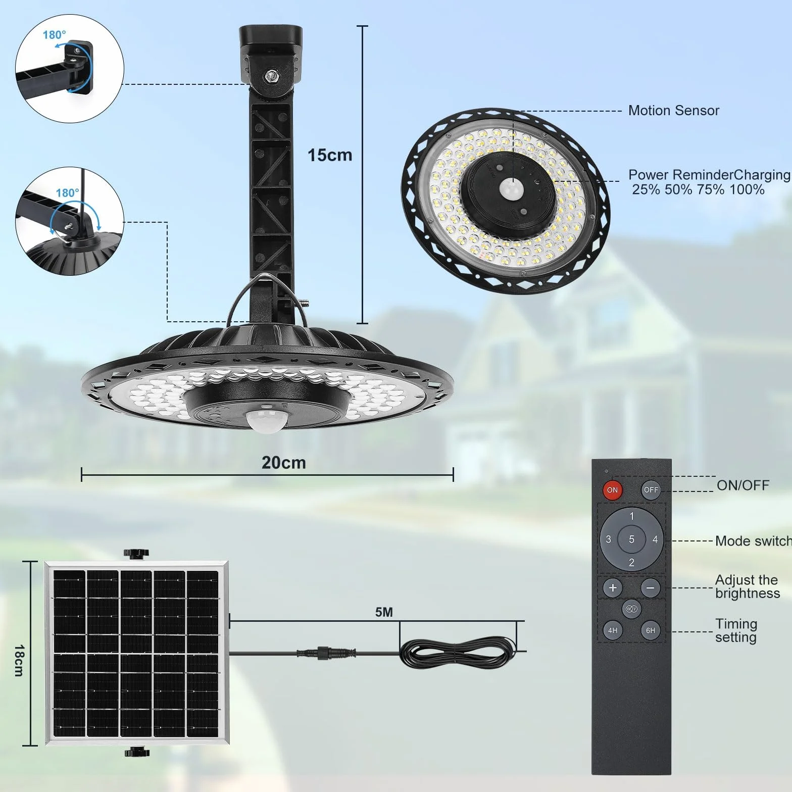 ENCOFT Solarna lampa UFO z pilotem, 3 tryby kolorów, czujnik ruchu, bezprzewodowa lampa bezpieczeństwa na zewnątrz z panelem słonecznym