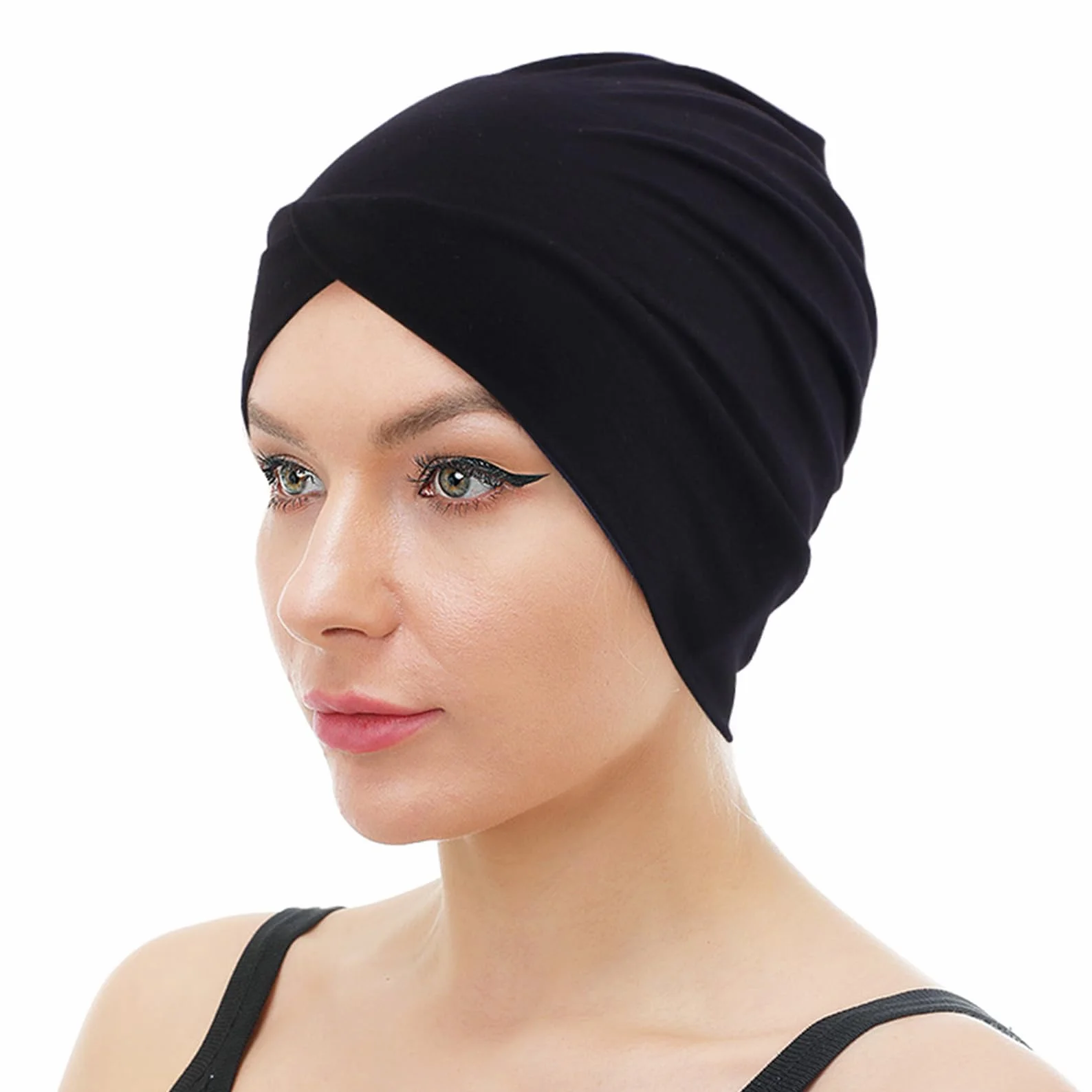 Czarny damski turban, jednokolorowy, regulowany kolor, turban z plisowanego materiału, elastyczny kaptur crossover, okrągły kapelusz turbanowy, dla kobiet, długie, krótkie włosy