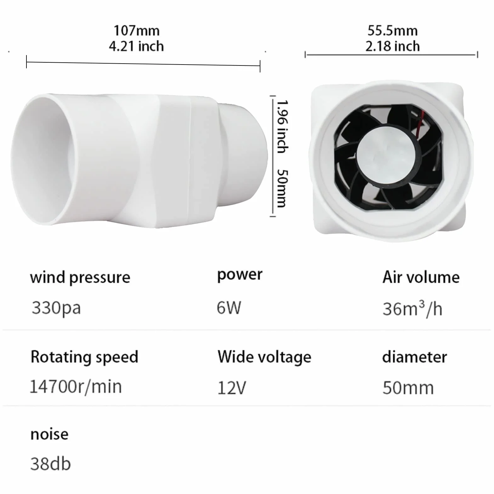 Wentylator Powietrza 12V DC 2-Calowy Kanałowy z Regulowanym Regulatorem Prędkości 50-20mm