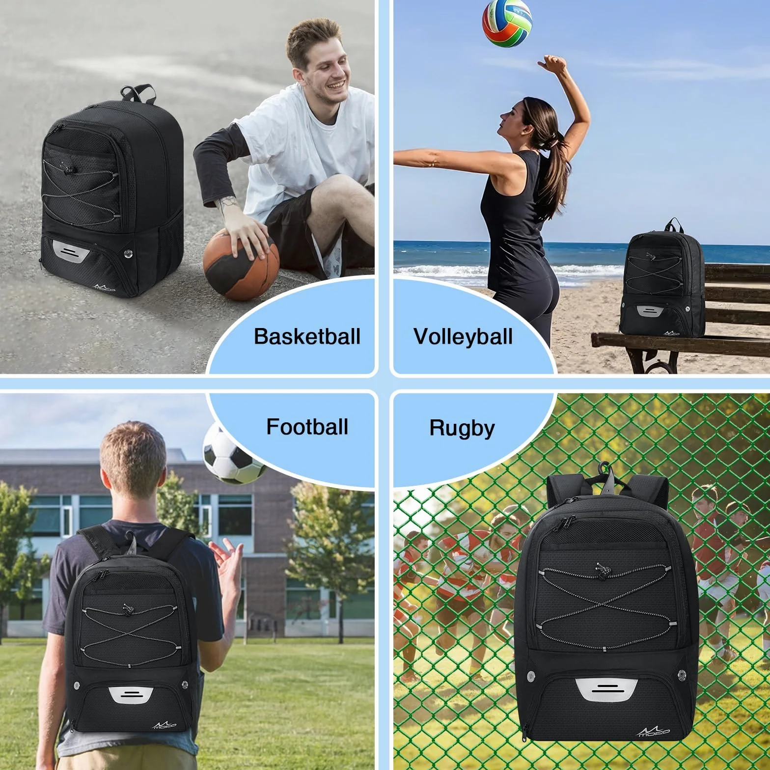 MoKo Basketball Bag Backpack, Football Backpack with Separate Ventilated Shoes & Ball Compartments, Water-Resistant, Black, 18.90 x 13.39 x 8.27 inches