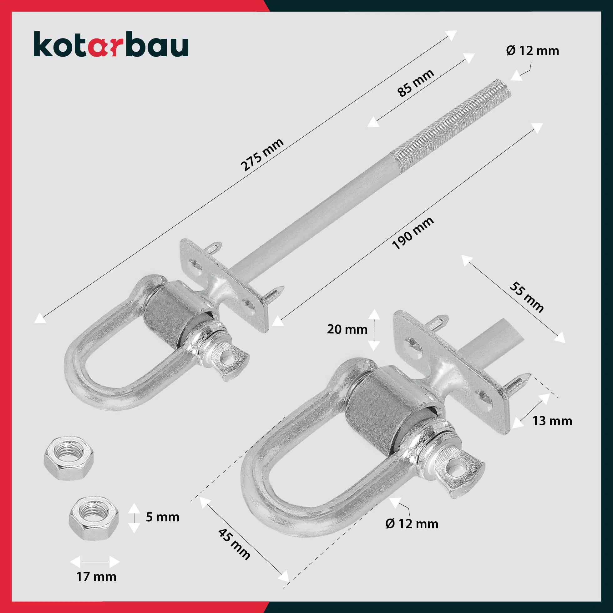 KOTARBAU® 2 szt. Hak Huśtawkowy z Szeklą M12 x 190 mm
