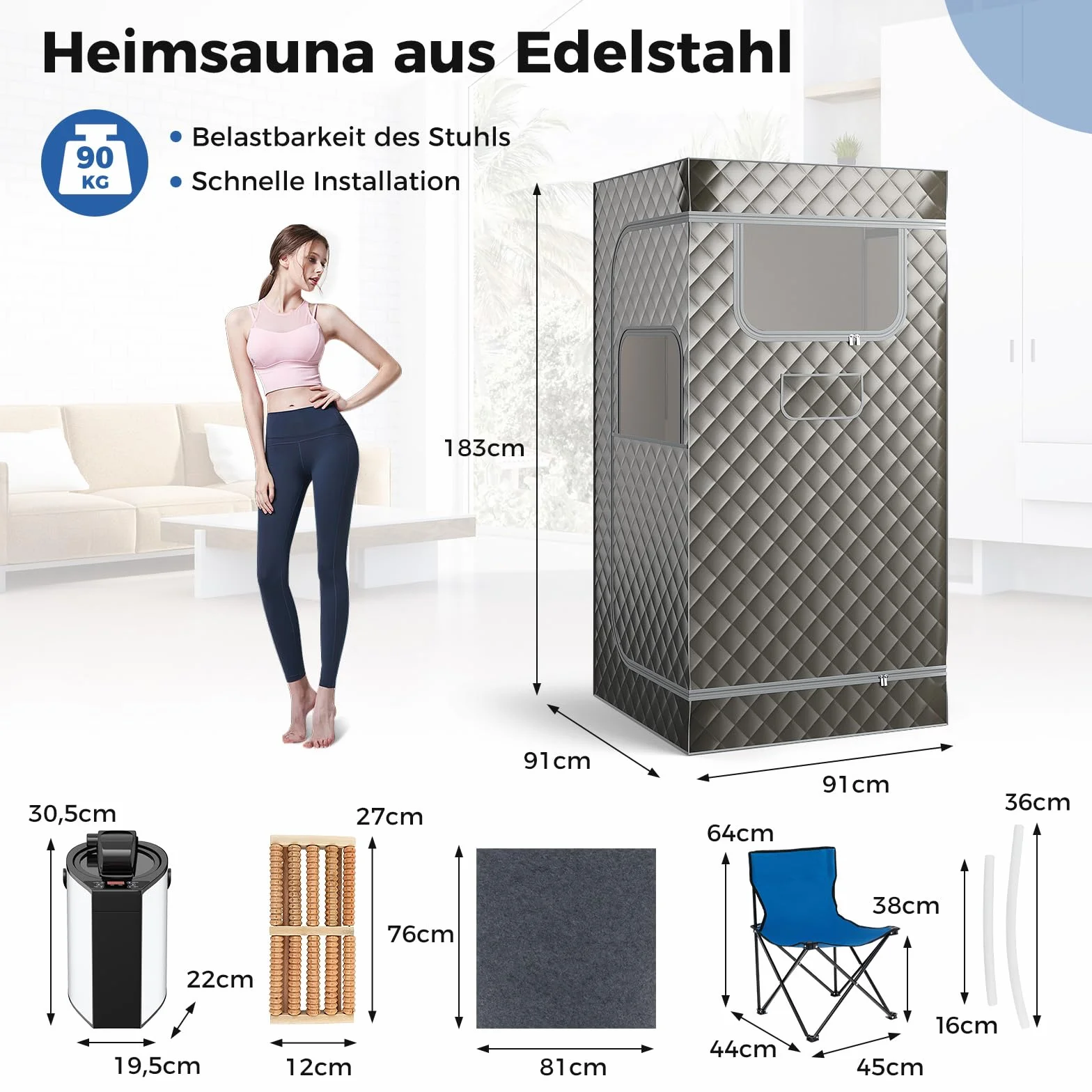 COSTWAY Sauna parowa do domu z generatorem pary 3L, pilotem, masażerem stóp, krzesłem 91x91x183 cm