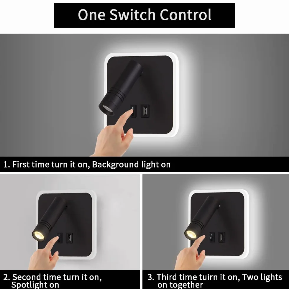 ERWEY Lampa ścienna LED do czytania, regulowana 3W 4000K + 5W 6000K, z przełącznikiem i USB, czarna