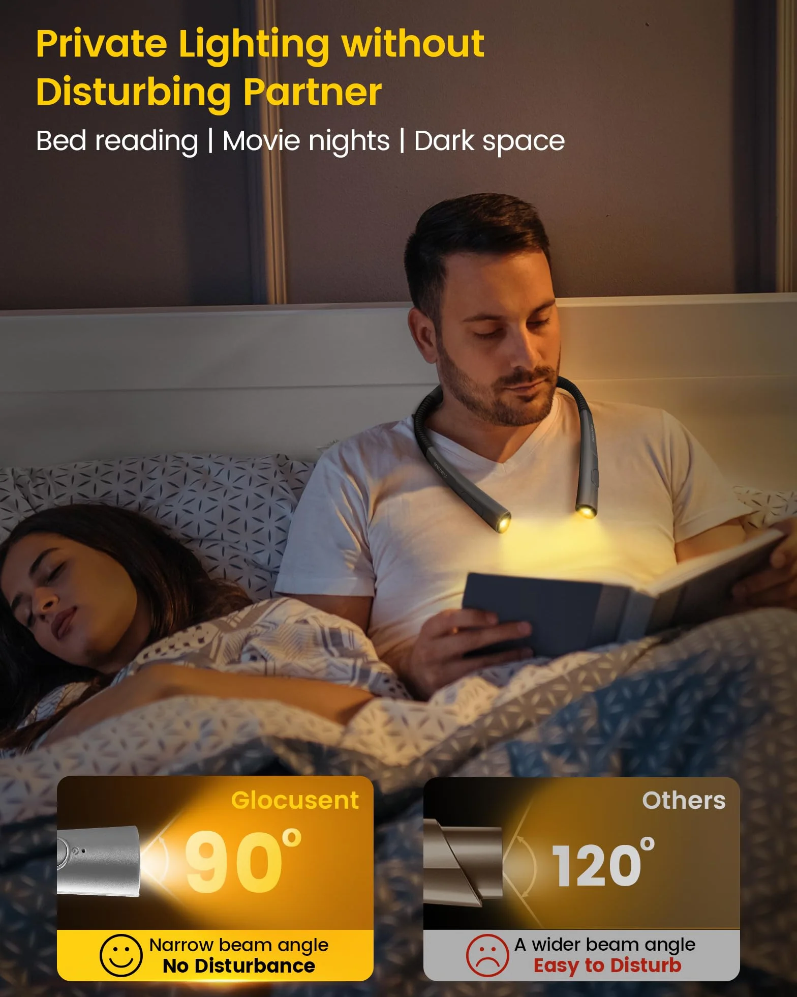 Glocusent Upgraded LED Neck Reading Light, Book Lights do czytania w nocy, 30-min Timer, 3 kolory i 3 jasność regulowane, Rechargeable Neck Light for Reading, Knitting & Repairing