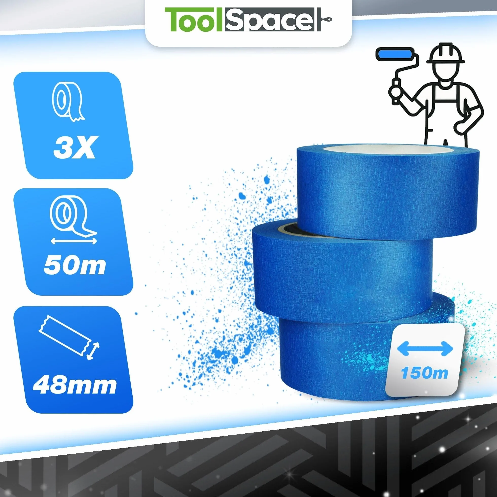 ToolSpace Taśma Papierowa Niebieska Ochronna do Malowania Ścian i Sufitów Prac Remontowych Klej Bez Rozpuszczalników Nie Podcieka 48mm/50 m Zestaw 3 Sztuk 150 m