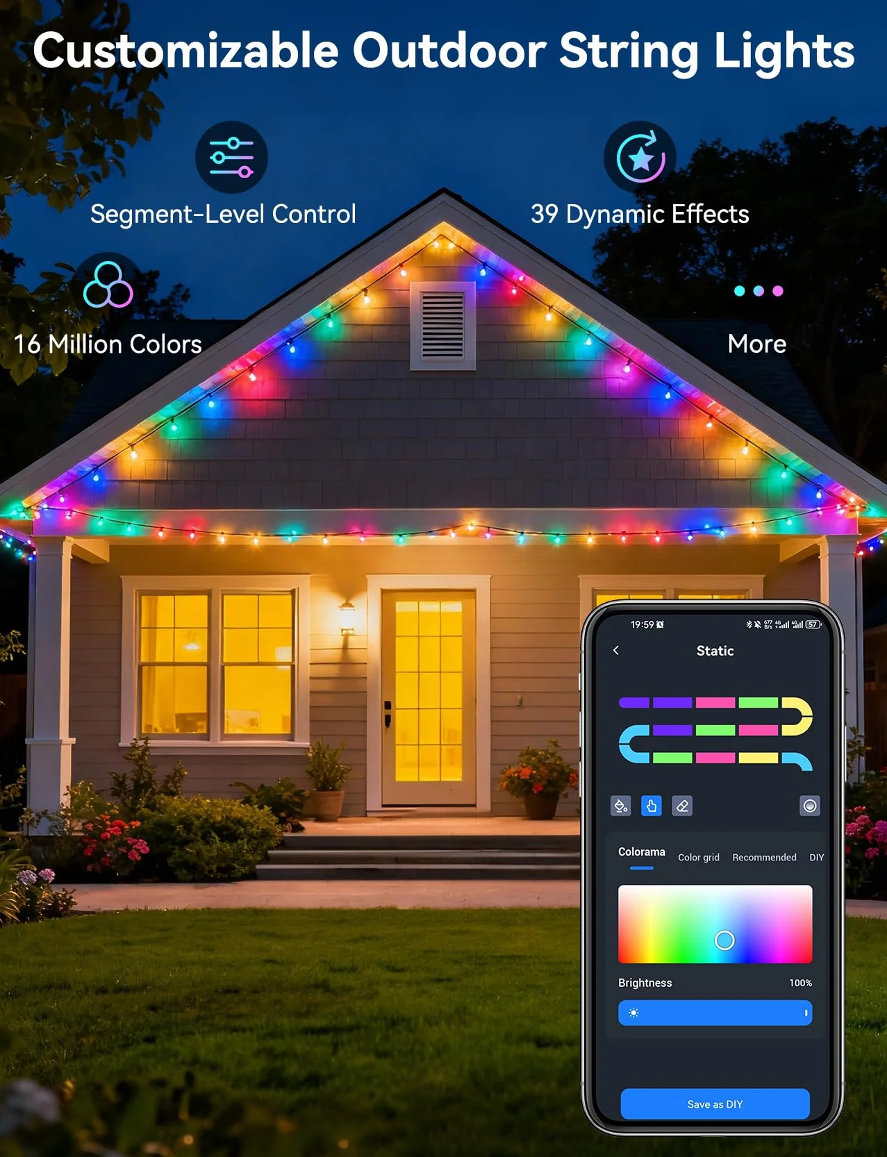 Aigostar Smart RGBIC Girlanda Ogrodowa 5 Metrów, 25 LED G45 Lampy, Sterowanie Segmentami Koloru, Synchronizacja z Muzyką, 39 Dynamicznych Trybów, IP44 Wodoszczelna do Wnętrza i Ogrodu