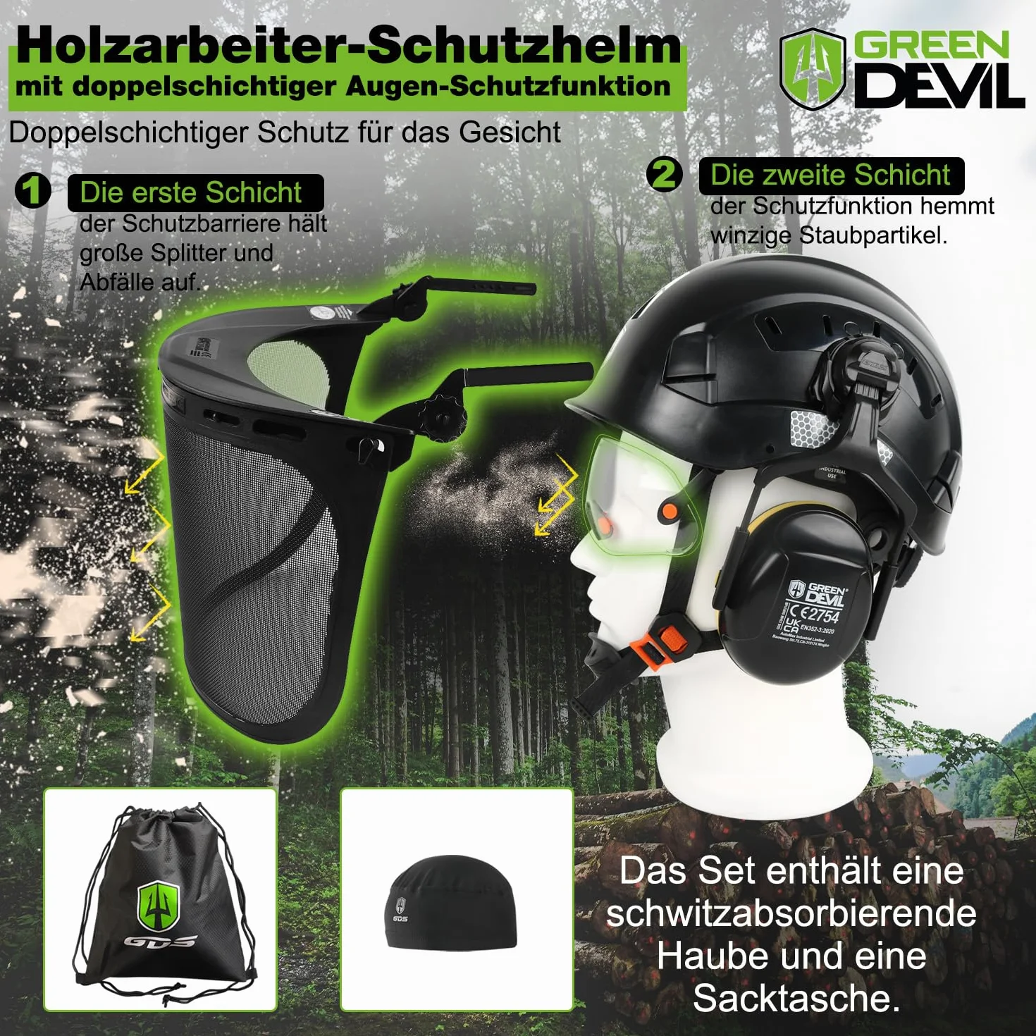 GREEN DEVIL Kask ochronny do piły łańcuchowej EN397 5 w 1 z osłoną twarzy wizjer nauszniki wentylowany