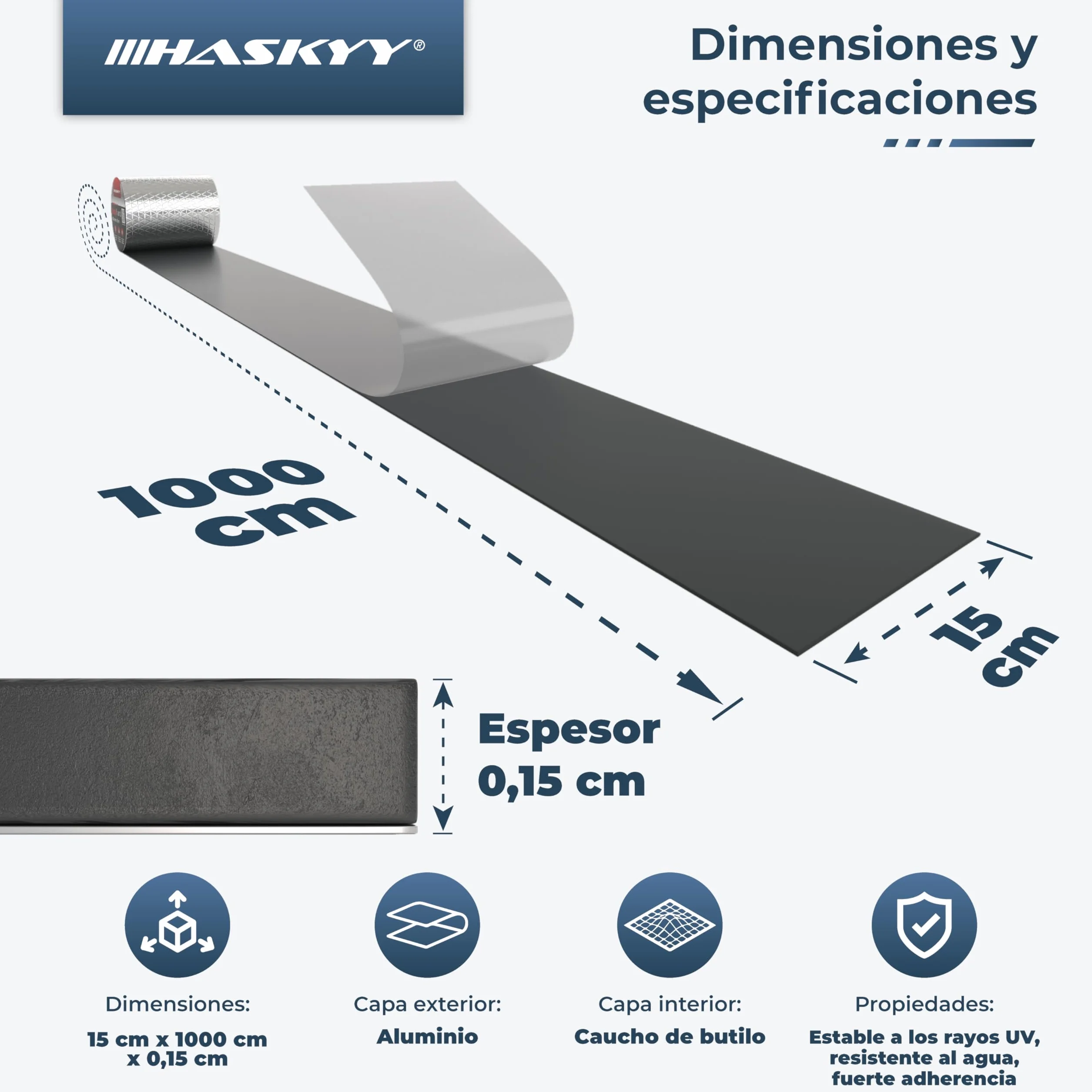 HASKYY Aluminiowa taśma butylowa do naprawy dachu 150 mm x 10 m