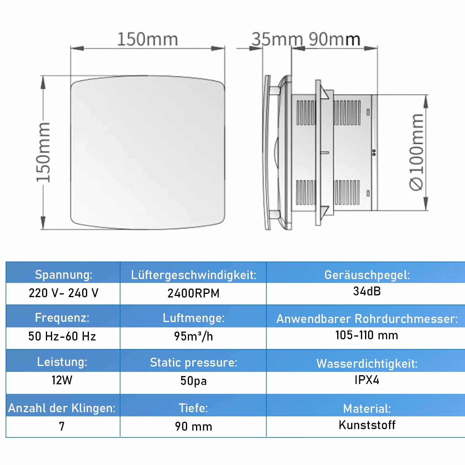 Wentylator łazienkowy 100 mm z timerem i czujnikiem wilgotności, ≤ 34 dB, cichy i wydajny wentylator wyciągowy, 12 W, 95 m³/h, IPX4, wentylator ścienny z zaworem zwrotnym, montaż na suficie w