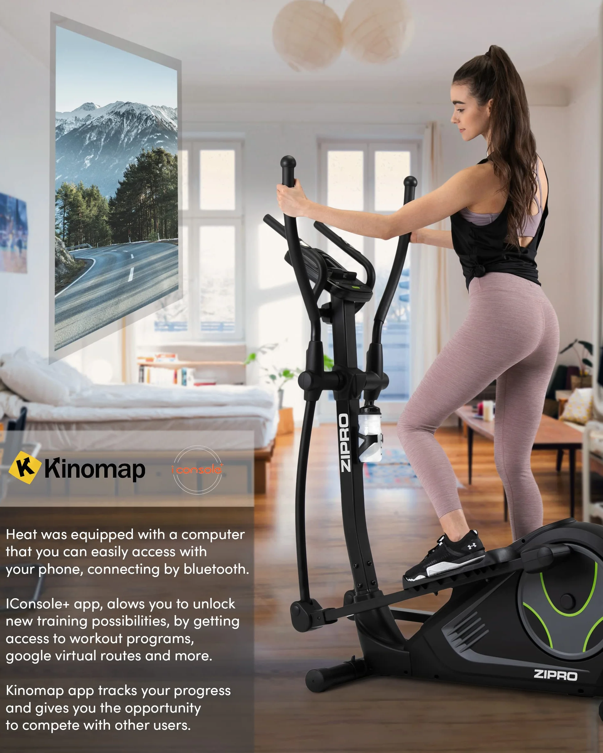Zipro Heat | Home Magnetyczny orbiter do 150 kg | iConsole+ 8-stopniowy system oporu | trenażer domowy mierzy tętno, kalorie, prędkość | w kolorze czarnym