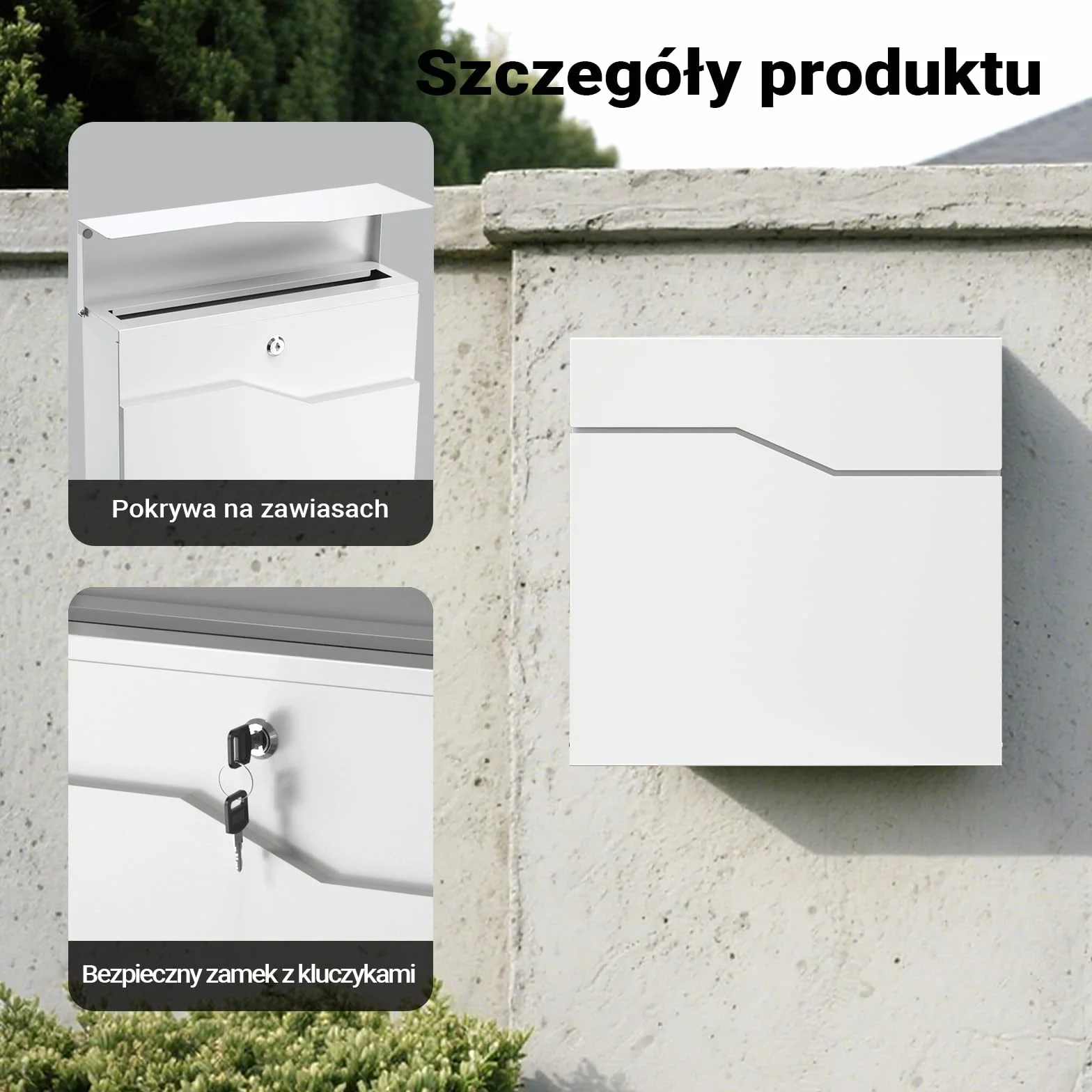 Wiltec Skrzynka na listy biała V19, stalowa z ukrytym zamkiem, nowoczesna skrzynka pocztowa do montażu na ścianie i stojaku, miejsce na gazety