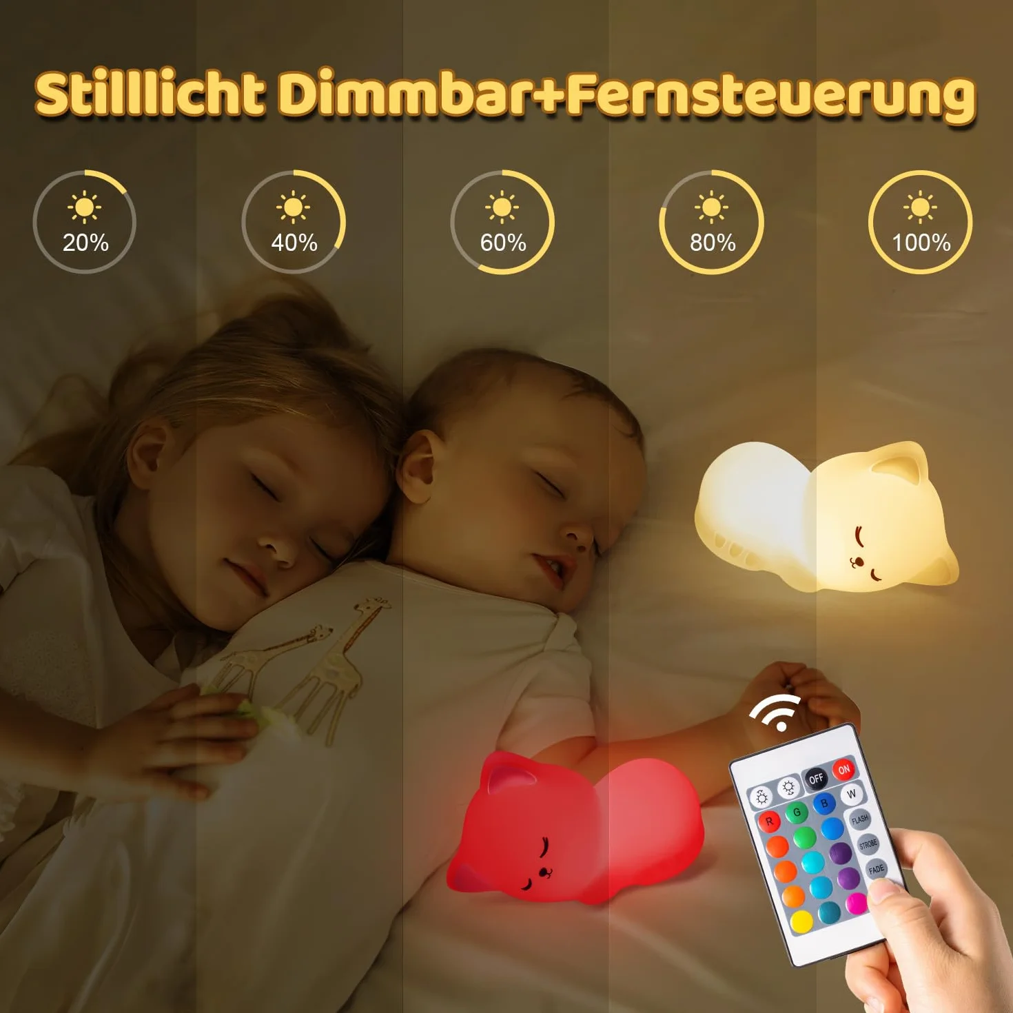 Lampka nocna dla dzieci kot 16 kolorów pilot zdalnego sterowania USB akumulator ściemniana Kawaii