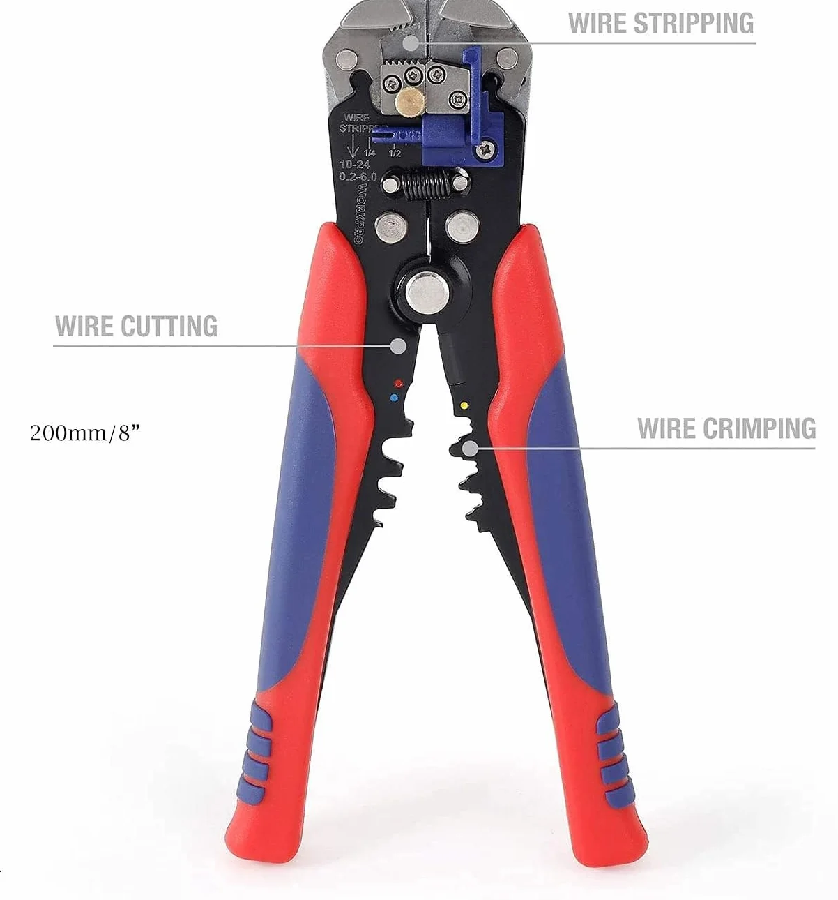 WORKPRO Odizolowywacz izolacji, automatyczne zdejmowanie izolacji, szczypce do kabli AWG 22-10 (0,2~6,0 mm²) 200 mm