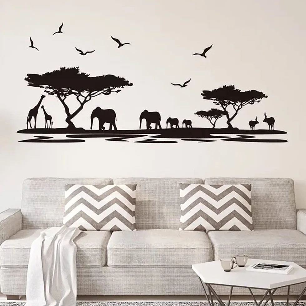 WandSticker4U® - Naklejki ścienne LA SAVANA w kolorze czarnym (160x75 cm) I naklejka ścienna zwierzęta safari afryka krajobraz słoń żyrafa I Deco do salonu, sypialni, kuchni, korytarza, dla dorosłych,
