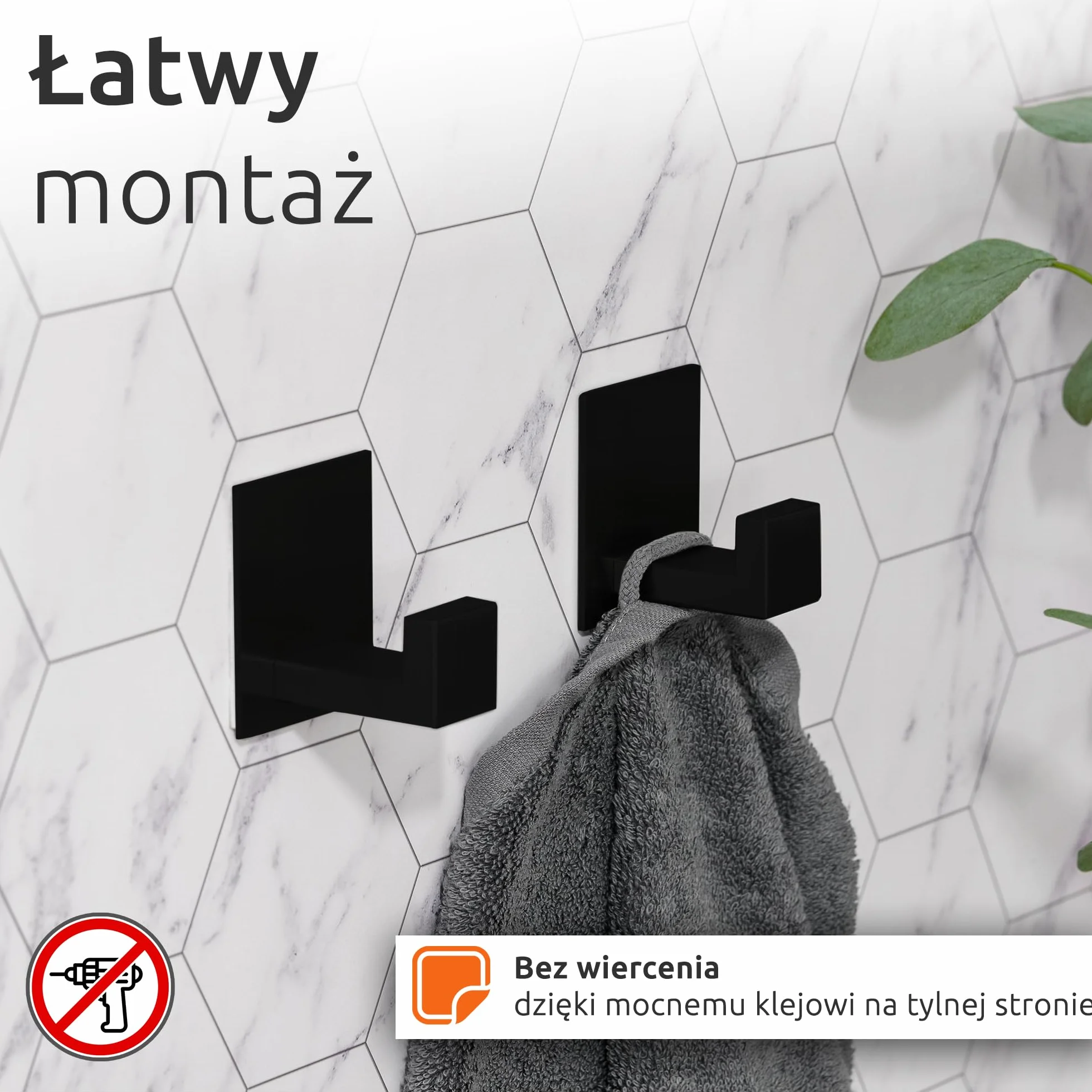 ECENCE Samoprzylepne haczyki na ręczniki ze stali nierdzewnej czarne, uchwyty ścienne bez wiercenia
