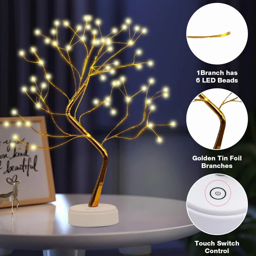 Drzewko świetlne LED, 108 lampek LED, lampka stołowa bonsai, dekoracja bożonarodzeniowa do wnętrz, ciepła biel, do domu, na wesele, festiwal, zasilanie USB/bateryjne