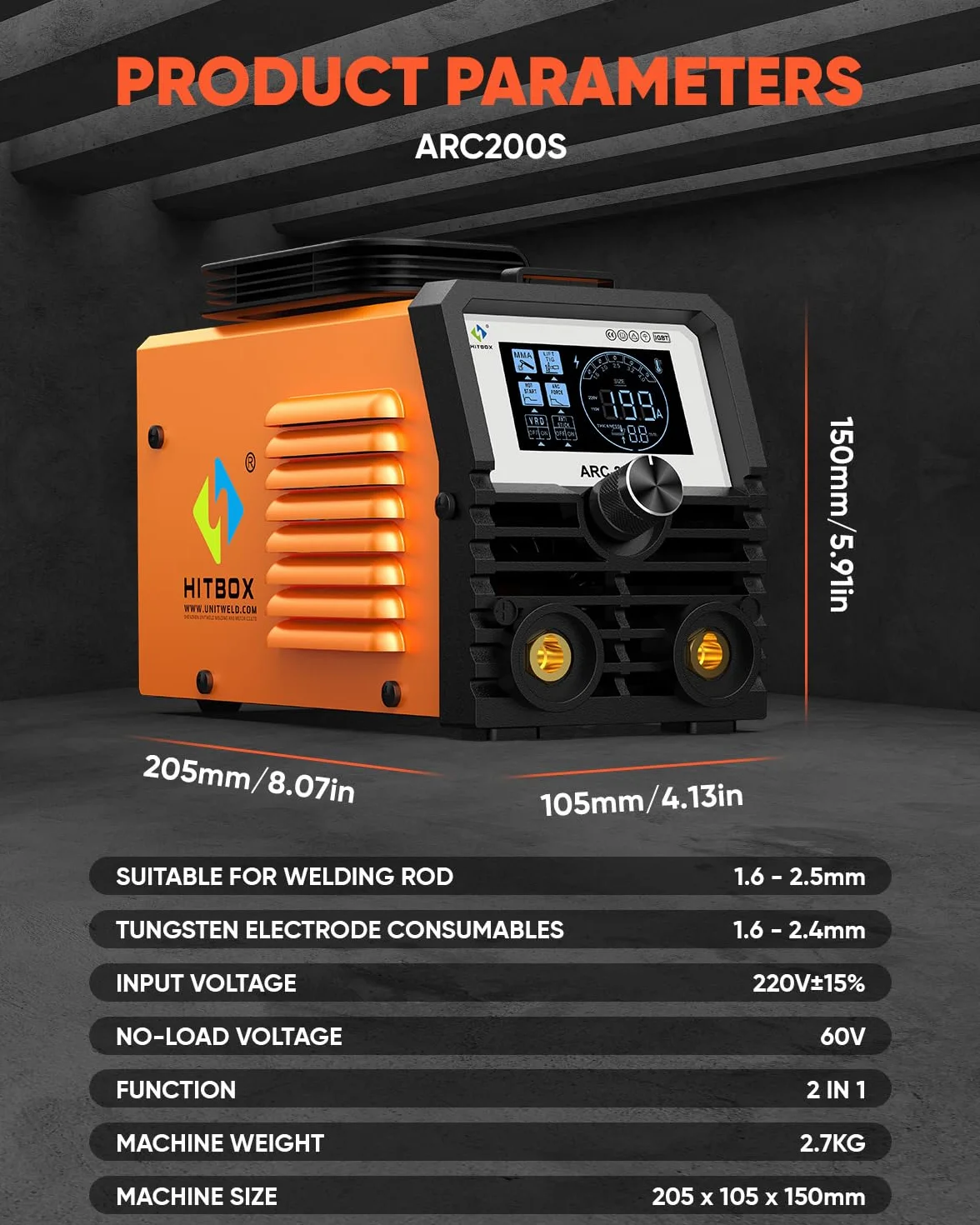 HITBOX Przenośny Spawarka Inverter 200A 2w1 MMA/Lift TIG ARC200S