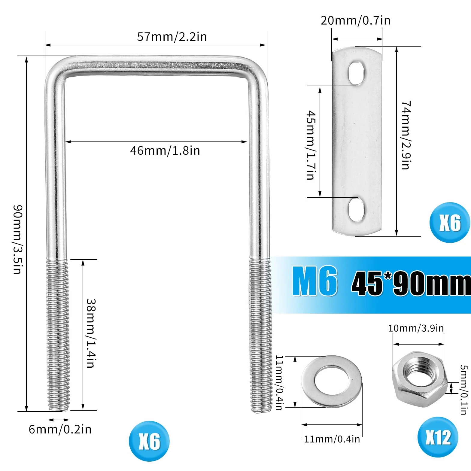 Zestaw śrub U kwadratowych 45x90 mm M6 ze stali nierdzewnej 304 z nakrętkami i podkładkami