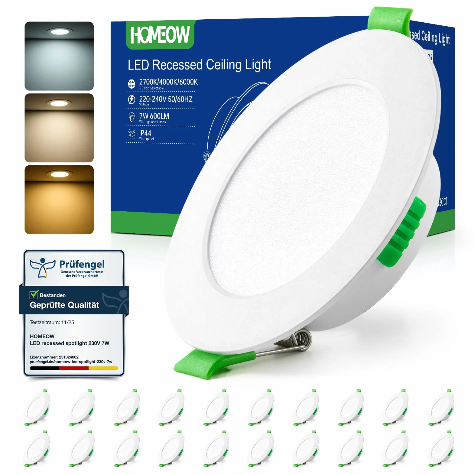 HOMEOW Zestaw 20 reflektorów LED do zabudowy 230 V 7 W ciepła biel neutralna biel zimna biel 75-90 mm