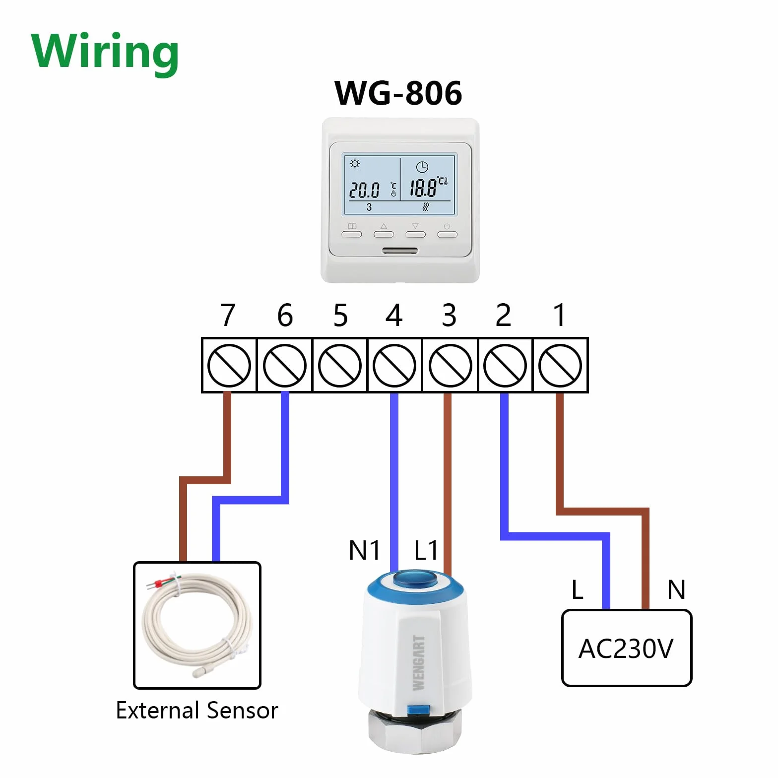 Wengart Siłownik termoelektryczny WGM05, AC 230 V M30 x 1,5 gwint, działa do ogrzewania podłogowego normalnie zamkniętego (opakowanie 1)