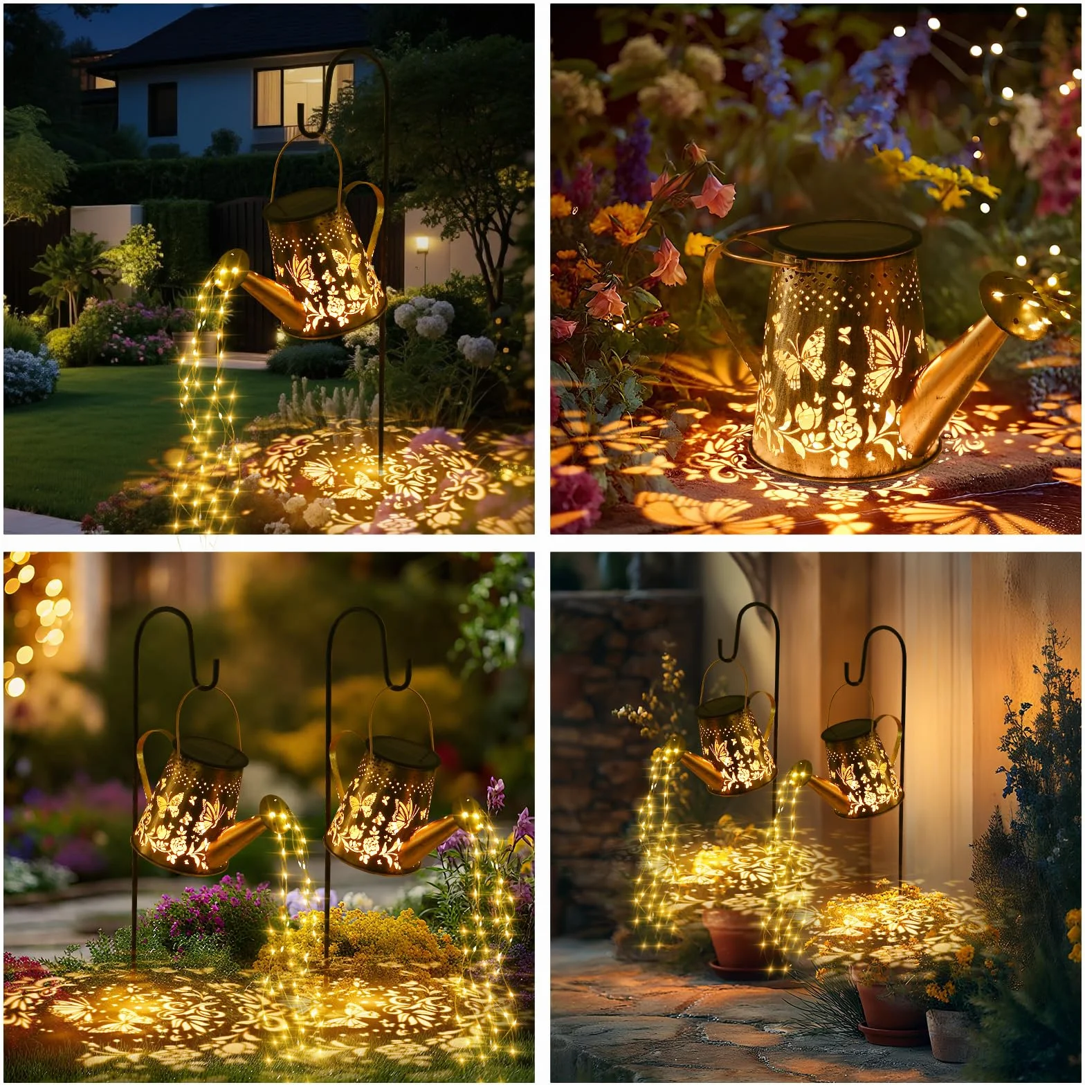GuKKK Solarna konewka z łańcuchem świetlnym, zewnętrzna lampa solarna LED,IP65,z haczykiem,oświetlenie ogrodowe imitujące podlewanie,do ścieżki ogrodowej na dziedzińcu balkonowym (Motyl)